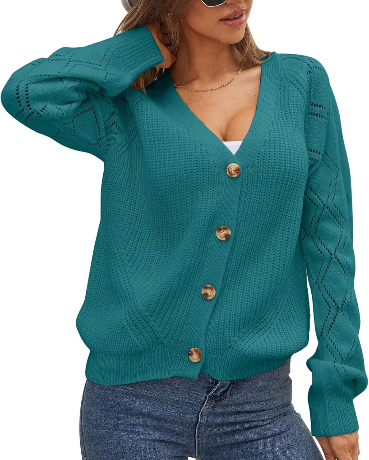 UEEKOOK Women's V-Neck Cropped Knit Cardigan Sweater Casual Open Front Long Sleeve Shrugs Tops Button Down