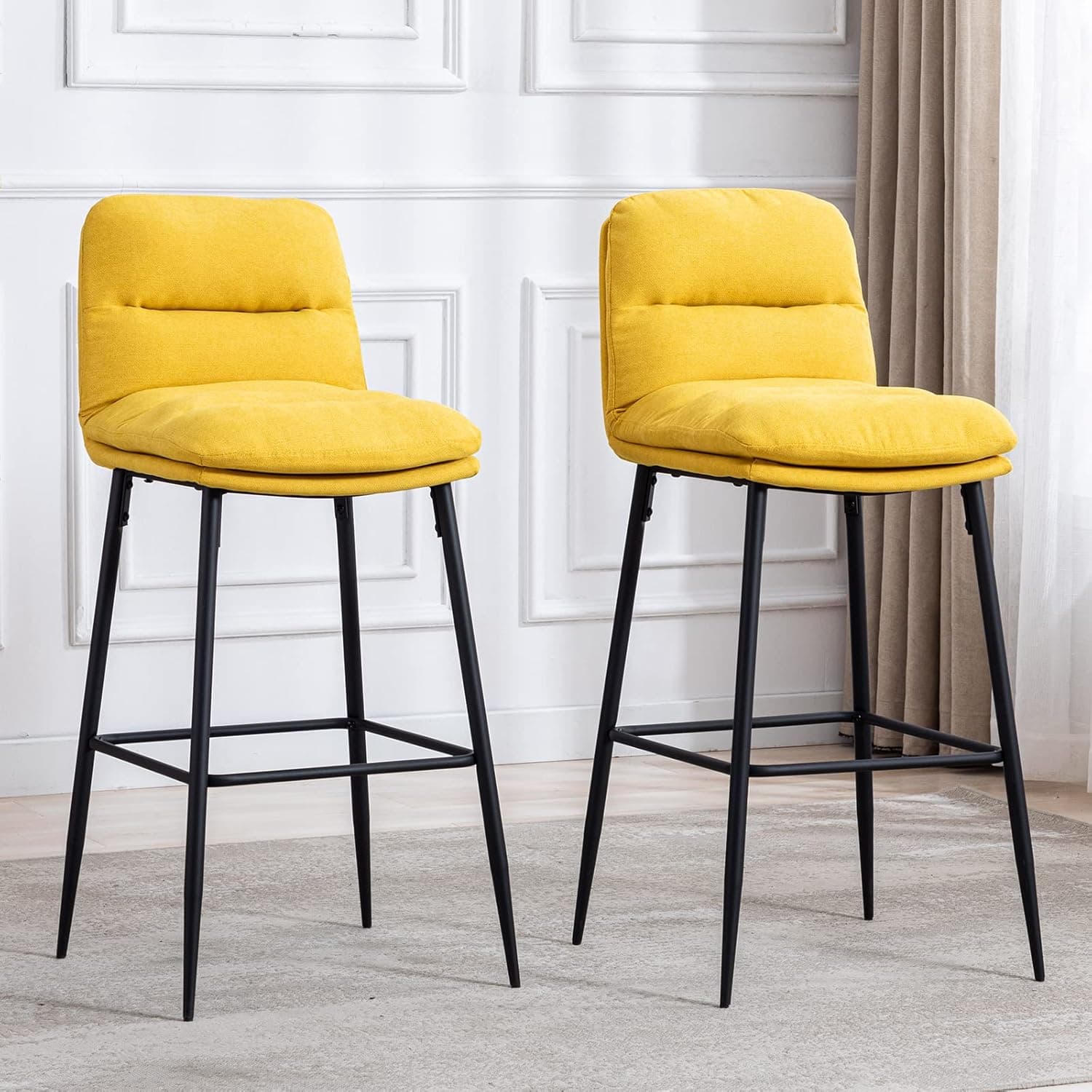 DUOMAY Modern Bar Stools Set of 2 with Back, 30" Bar Height Barstools Linen Foam Seat, Armless Kitchen Island Chair with Black Metal Legs for Dining Room Bar Coffee Shop, Yellow