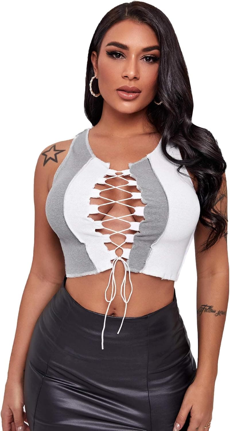Floerns Women's Tie Dye Lace Up Tank Top Rib Knit Vest Crop Tank Top Grey White L