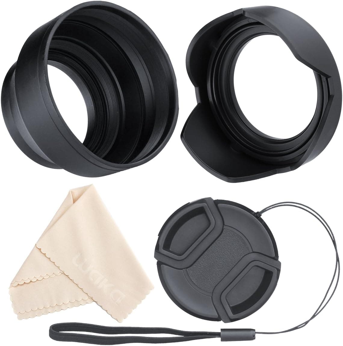 waka 67mm Lens Hood Set, Reversible Tulip Flower + 3 Stages Collapsible Rubber Lens Hood + Center Pinch Lens Cap with Cap Keeper Leash + Microfiber Cleaning Cloth