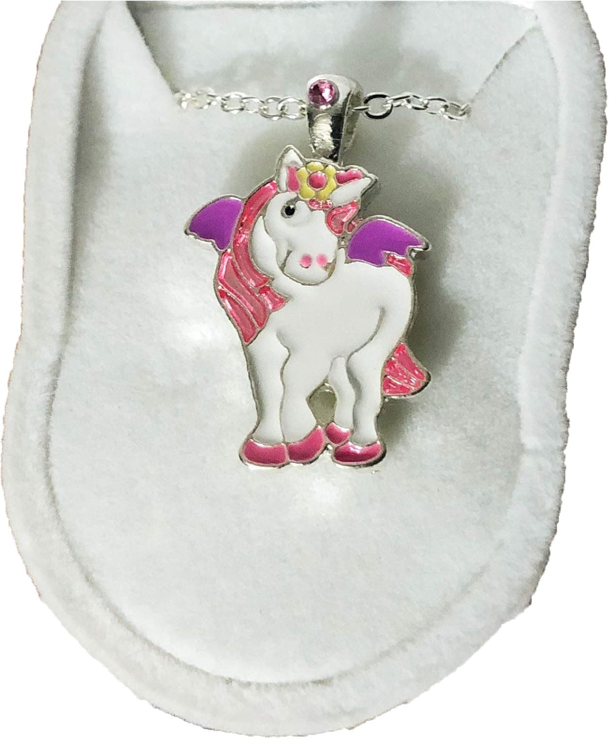 Beautiful Unicorn Necklace Charm Pendant w/ Crystal in Unicorn Velour Gift Box