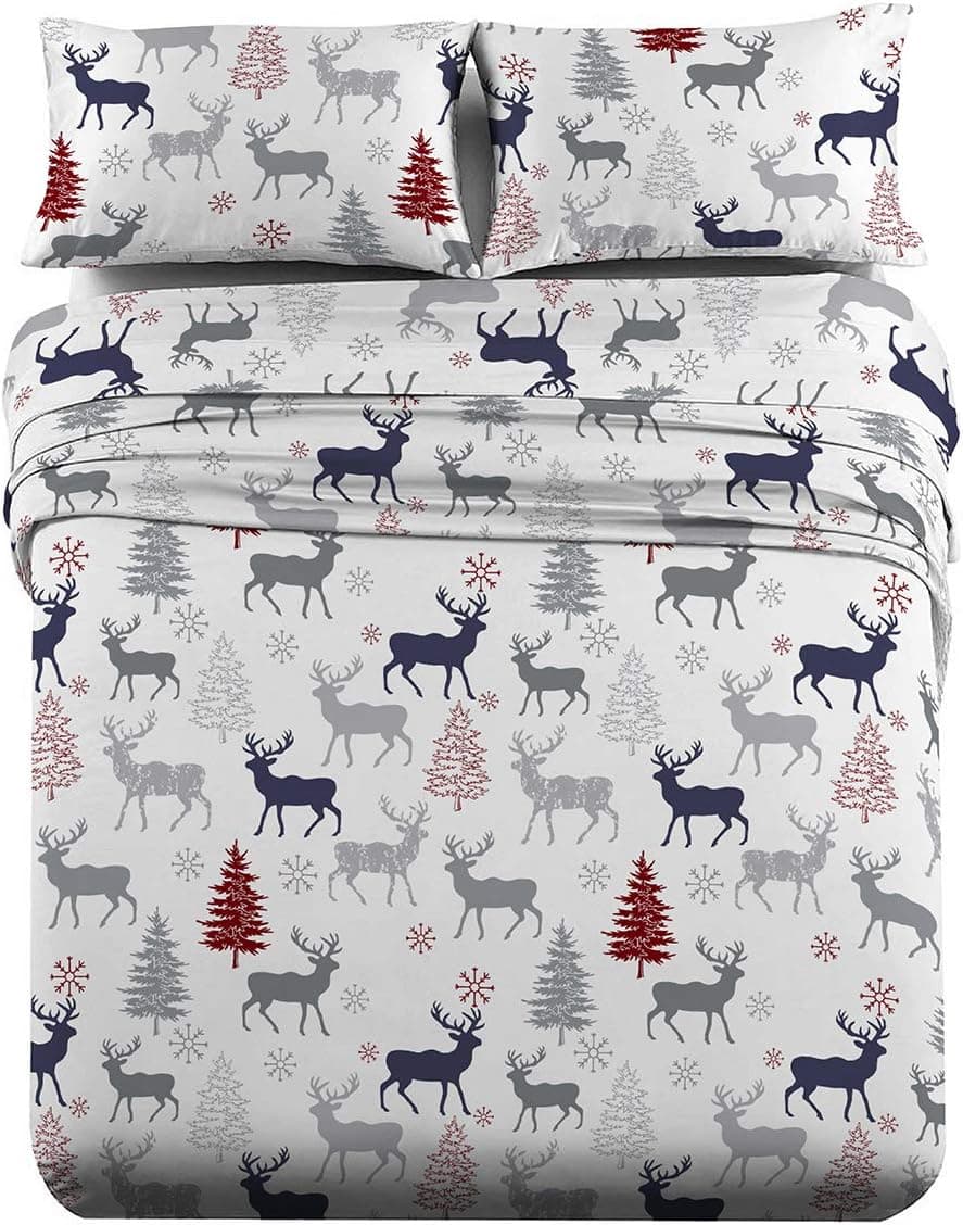 Royal Tradition Heavyweight Flannel, 100-Percent Cotton California King 4PC Bed Sheets Set, Christmas Deer Print, 170 GSM