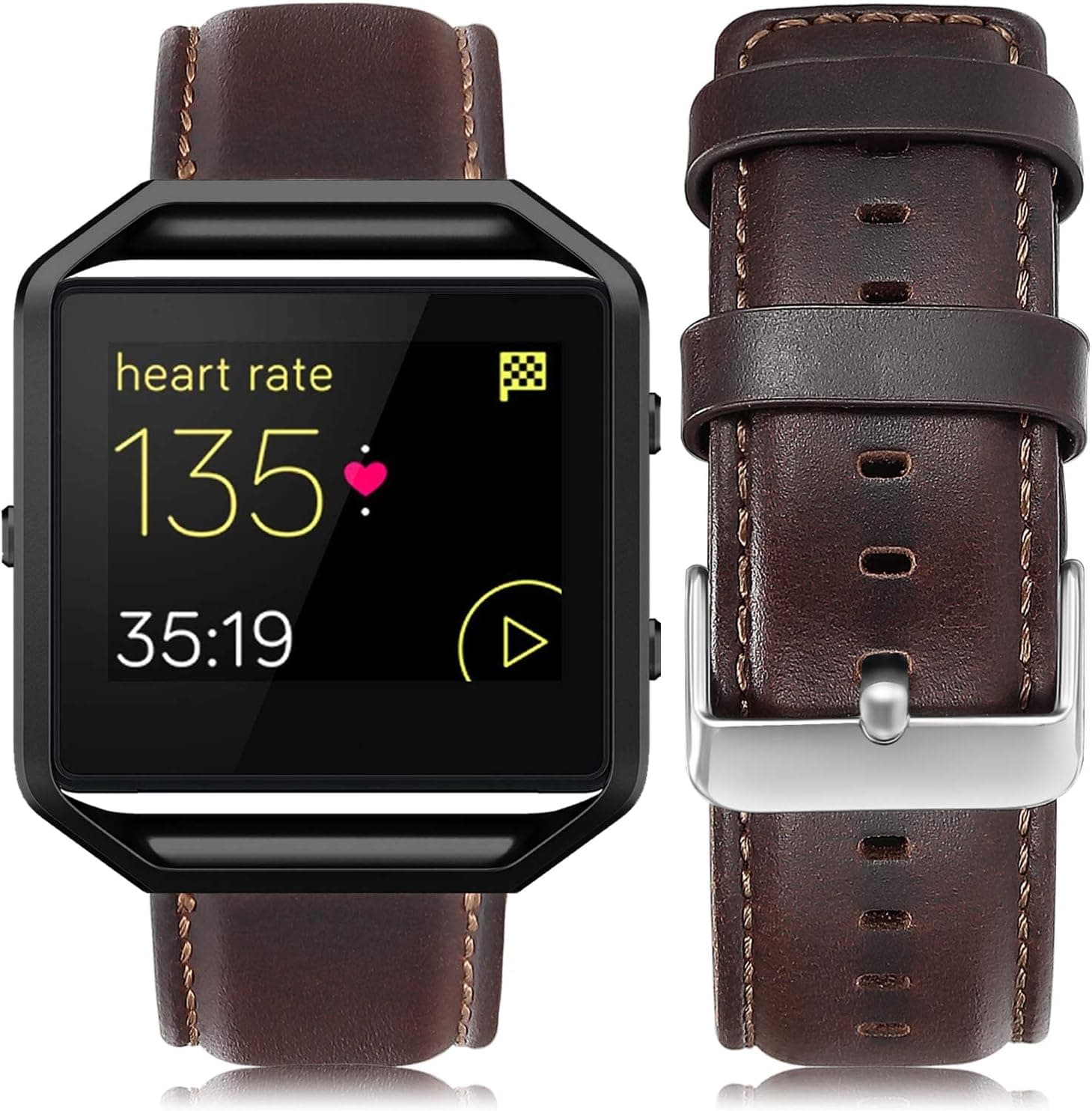 UMAXGET Leather Band Compatible with Fitbit Blaze Bands, Retro Cowhide Genuine Leather Replacement Band with Black or Silver Metal Frame Compatible with Fitbit Blaze Smart Watch for Men Women