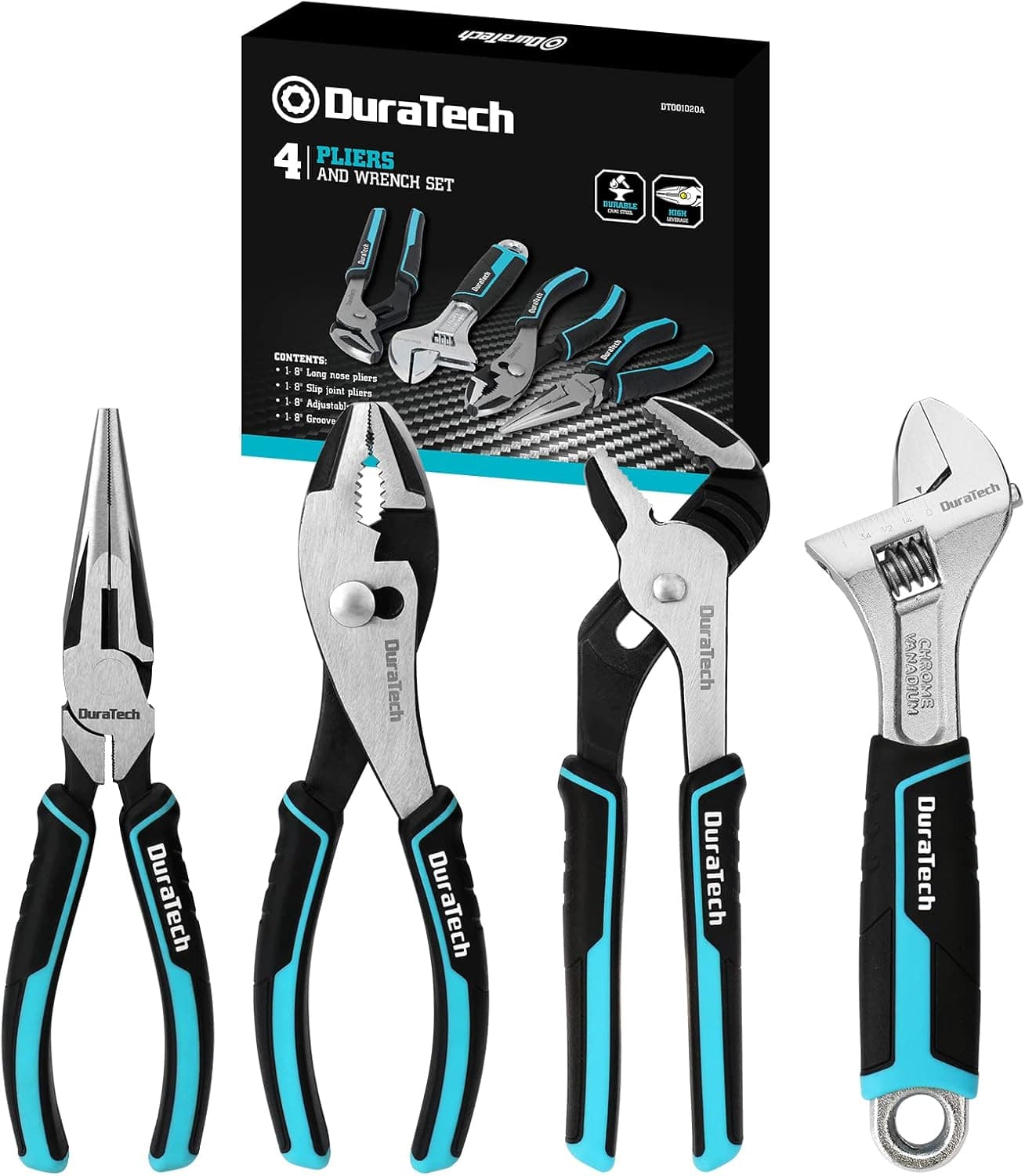 DURATECH 4-Piece Pliers Set, 8" Long Nose Pliers, 8" Slip Joint Pliers, 8" Groove Joint Pliers and 8" Adjustable Wrench, for Home Use
