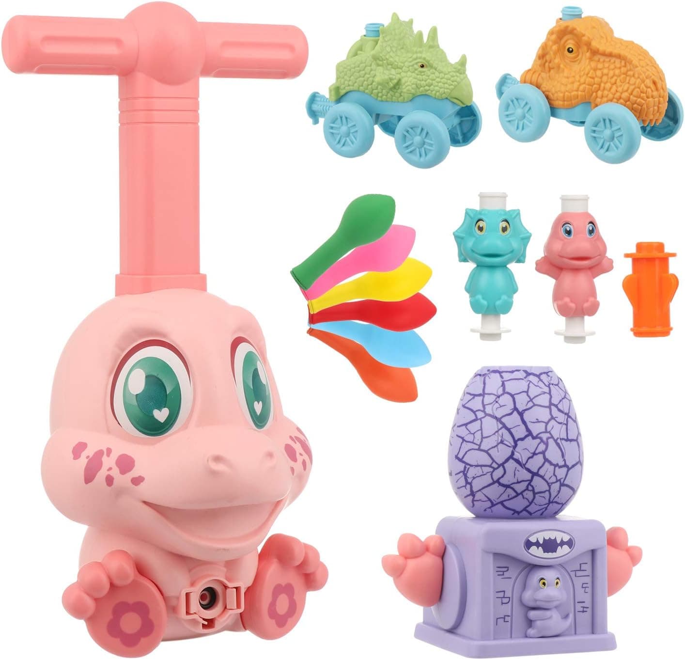 DRESSPLUS Pink Dinosaur Balloon Cars Toy Set， Cartoon Animal Balloon Powered Launcher， Kids Toys， 1xPump 2xCar 1xLauncher With 30xballons Preschool Educational