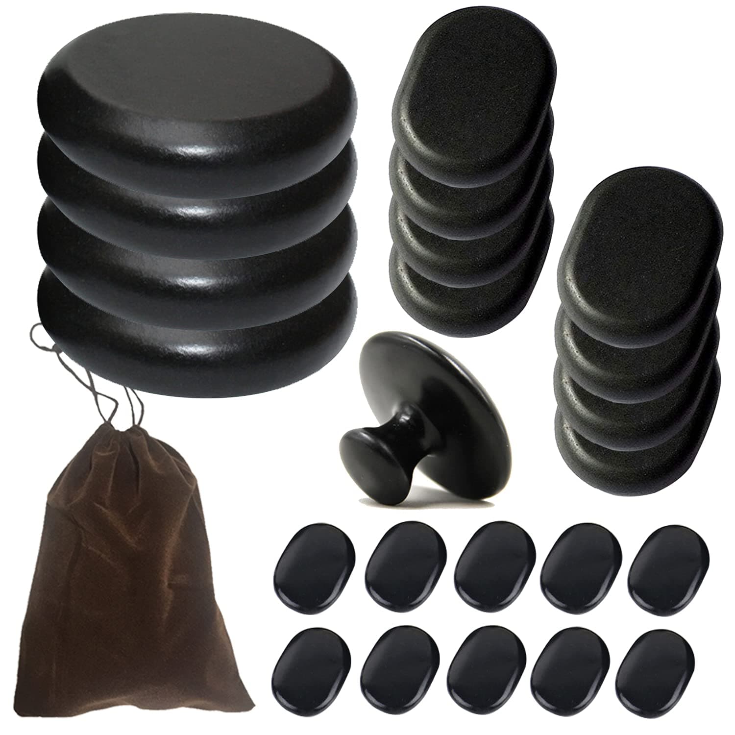 Large Size Massage Hot Stones with Mushroom Shaped Massage Guasha Tool, 23 pcs in Total, Hot Stone Massage Kit, Massage Hot Stone,Basalt Hot Stone for Spa, Massage Therapy, Storage Velvet Bag Included