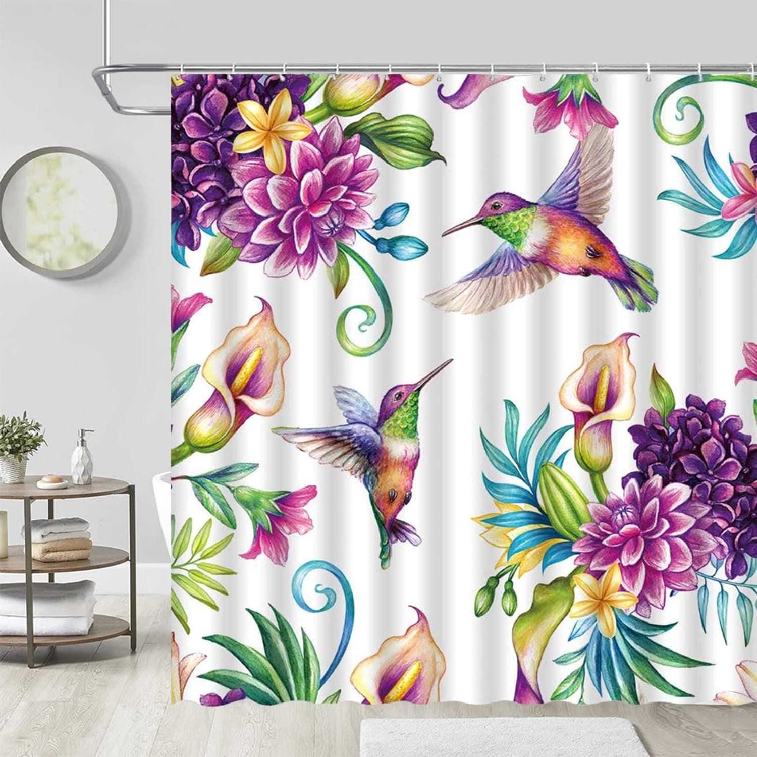 Bird Flower Shower Curtain Calla Lily Hummingbird Decor Vintage Garden Dynamic Nature,Fabric Bathroom Set Hooks Included,Purple