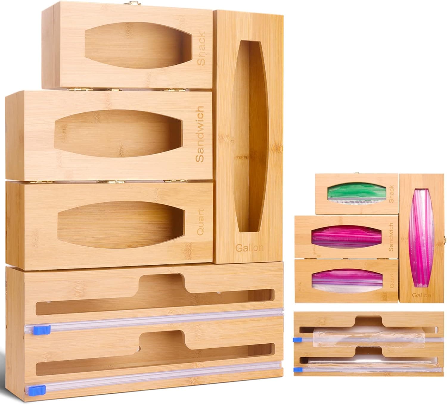 Bamboo Ziplock Bag Storage Organizer, Foil and Plastic Wrap Organizer for Kitchen Drawer, 5 Separate Baggie Organizer Compatible With Gallon, Quart, Sandwich, Snack, Wax & Plastic Ziplock Bags