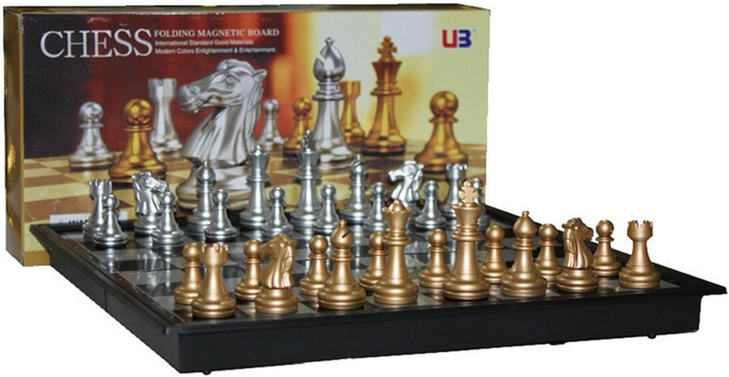 Sistong Cherry Deluxe Folding Megnetic Chess Set 12.5X12.5X0.8 inch (Gold&Silver Chess Pieces)