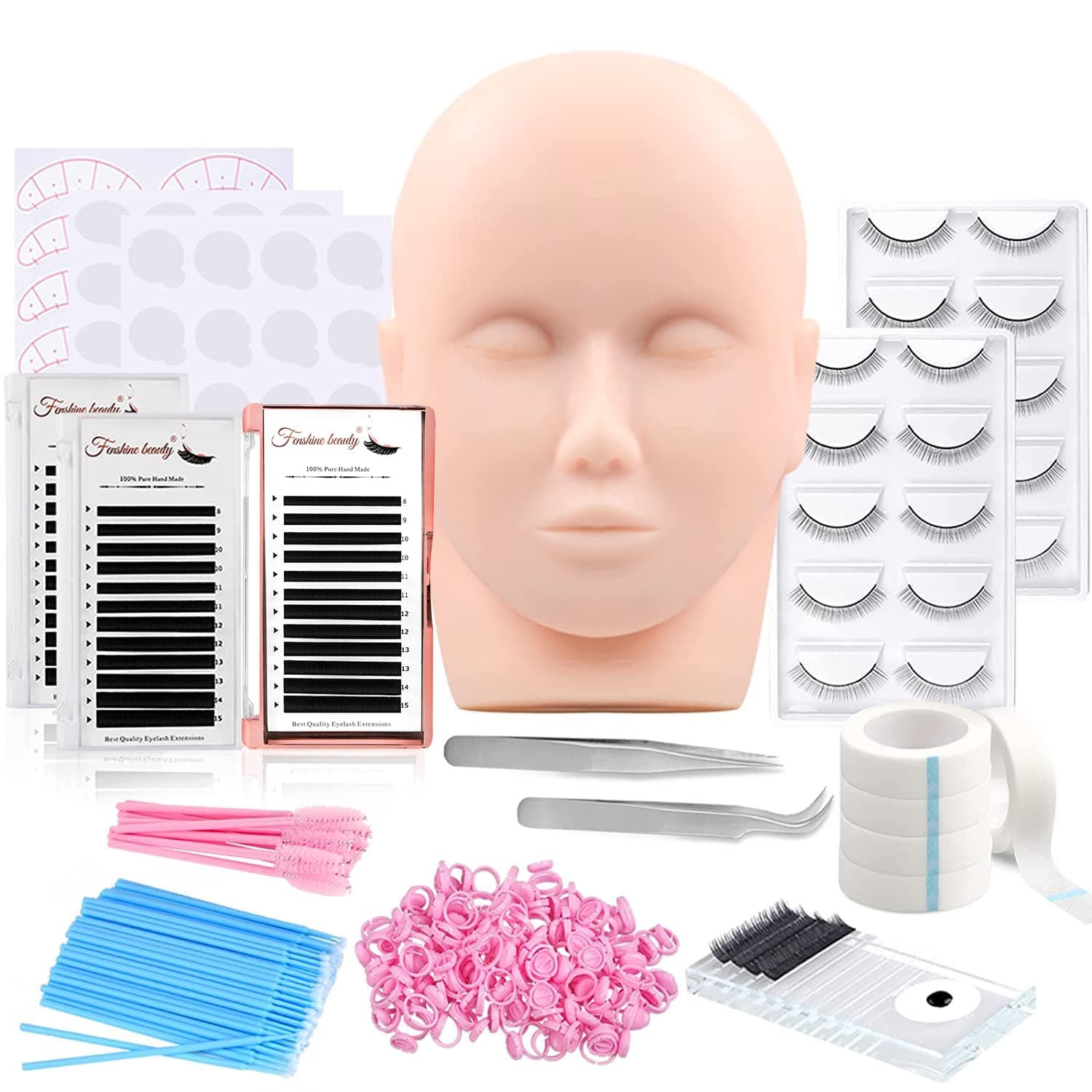 Fenshine Eyelash Extension Kit, 13 Pcs Lashes Extension Exercise Tools, Professional Eyelash Extension Training Set with Mannequin Head for Eyelash Extensions Beginners to Practice Lashes Graft