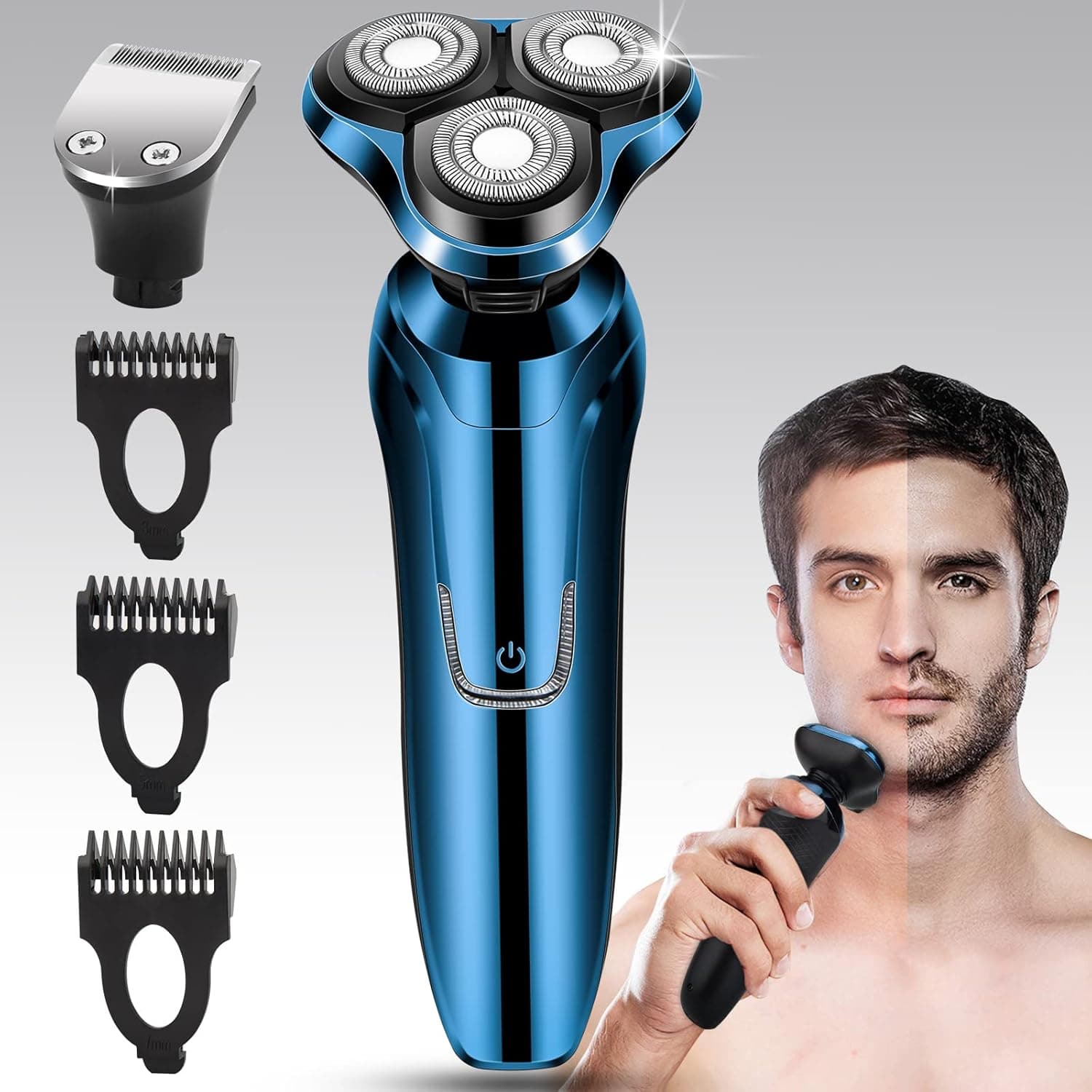 Handsomeface Electric Razor for Men, Mens Electric Shavers, 4 in 1 Dry Wet Waterproof Rotary Shaver Razors, Cordless Face Electric Ra or Blue