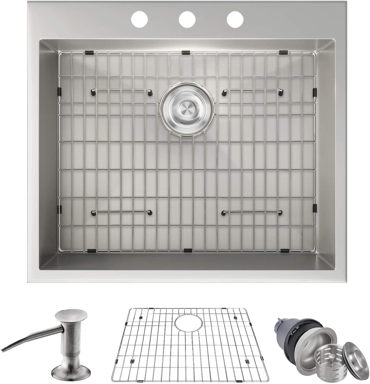 MOWA HTS2522 25" x 22" Handmade 16 Gauge Stainless Steel Top Mount Drop In Single Bowl Kitchen Sink w/Soap Dispenser, Sink Grid & Drain Strainer, 10-Inch Deep Laundry Utility Sink, Fits 27" Cabinet