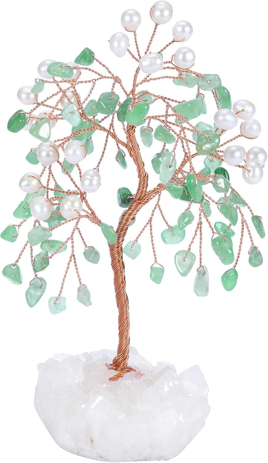 GEHECRST Natural Green Aventurine Healing Crystals Tree Reiki Cultured Pearl Beads and Clear Quartz Cluster Base Feng Shui Money Tree Handmade Ornament Decoration for Home, Office