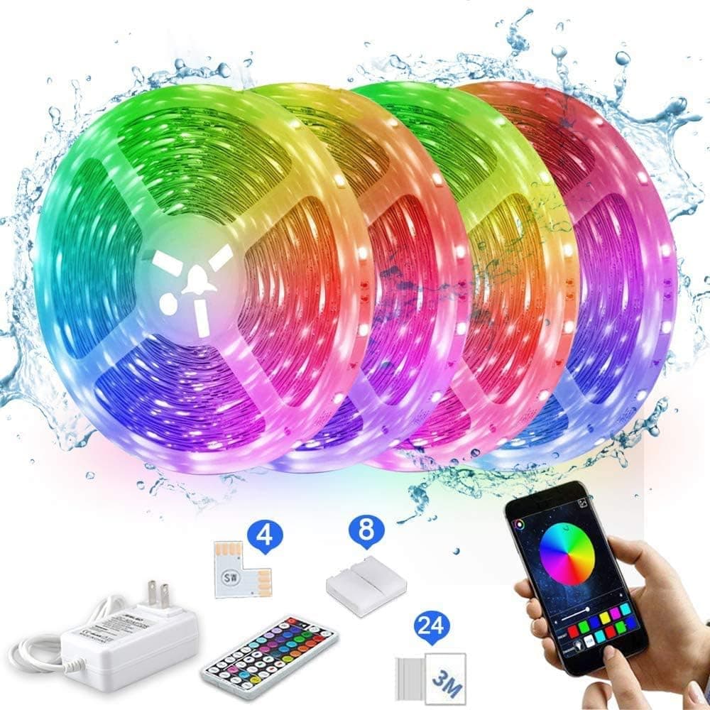 JESLED 65.6FT Bluetooth LED Strip Lights Waterproof, Flexible Color Changing RGB SMD5050 LED Light Strip Kit with 44 Keys RF Remote and Adapter, Sync to Music for Party, Home Kitchen DIY Decoration