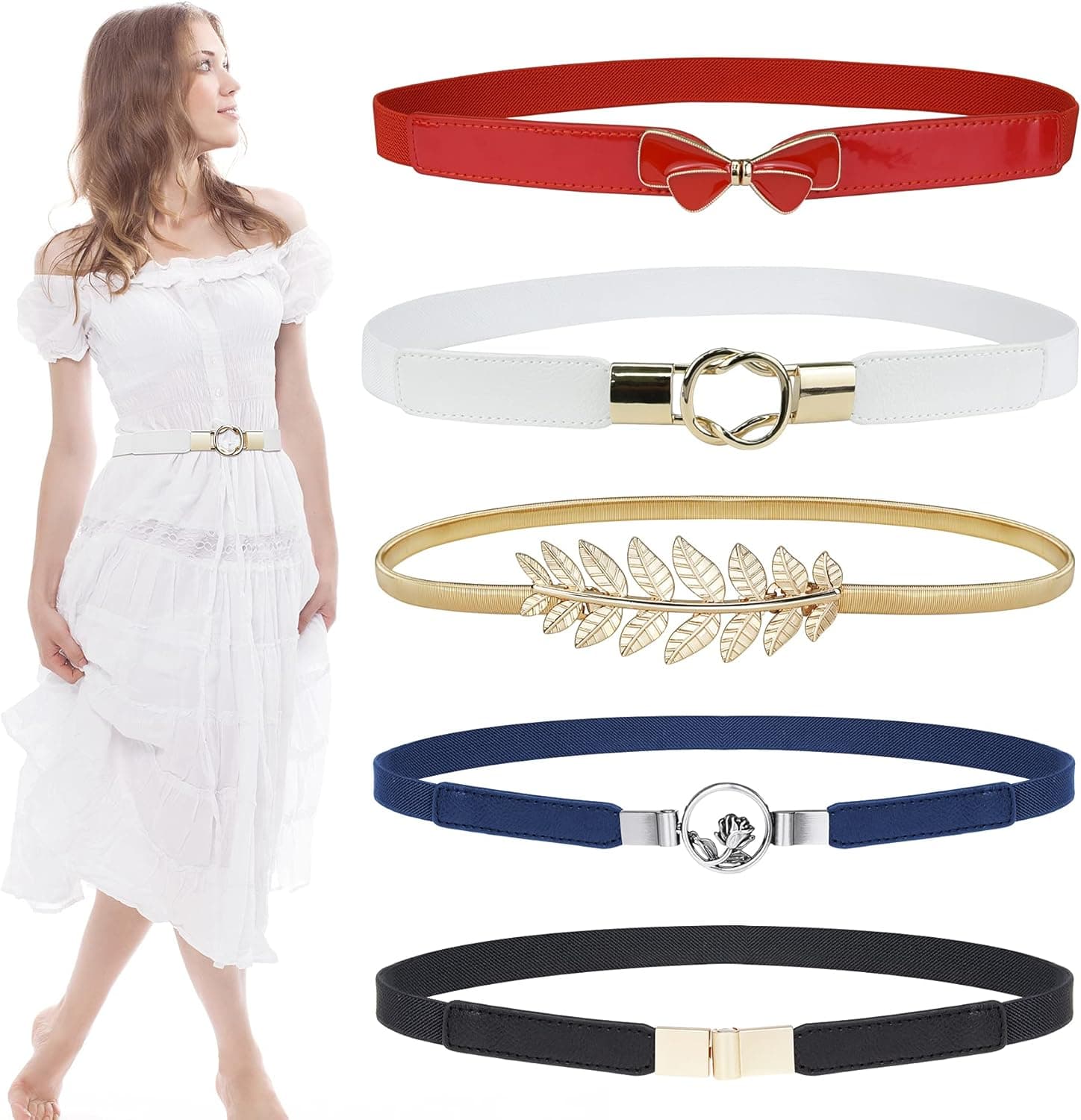 EAONE Skinny Belts for Women 5 Pack, Fashion Dress Belts Stretch Women Waist Belts Plus Size Elastic Waist Band for Dresses