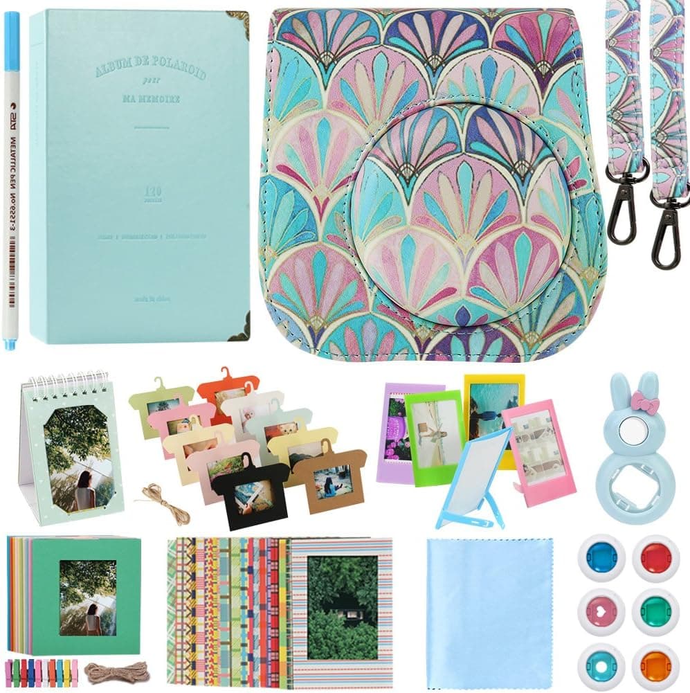 Katia Camera Accessories for Fujifilm Instax Mini 9 or Mini 8 Instant Film Camera - Fuji Case Ice Blue with Strap, Photo Album, Frame, Selfie Len, Filters, Stickers & More. - 12 in 1