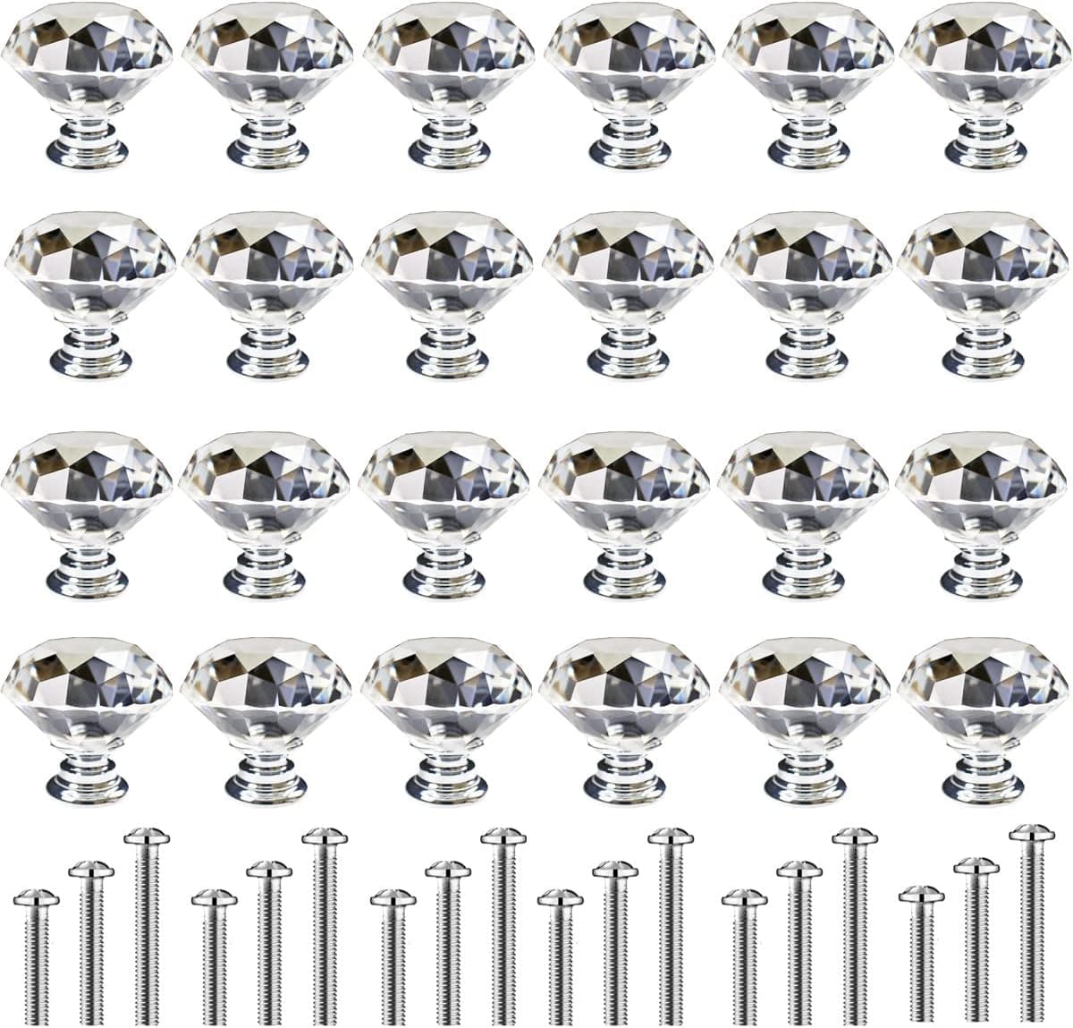 YZM Dresser Drawer Cabinet Knobs 30mm Crystal Glass Diamond Pulls for Kitchen Wardrobe Cupboard,Bathroom Clear Handles(24 Pack,Silver) 30MM PZ crystal handles