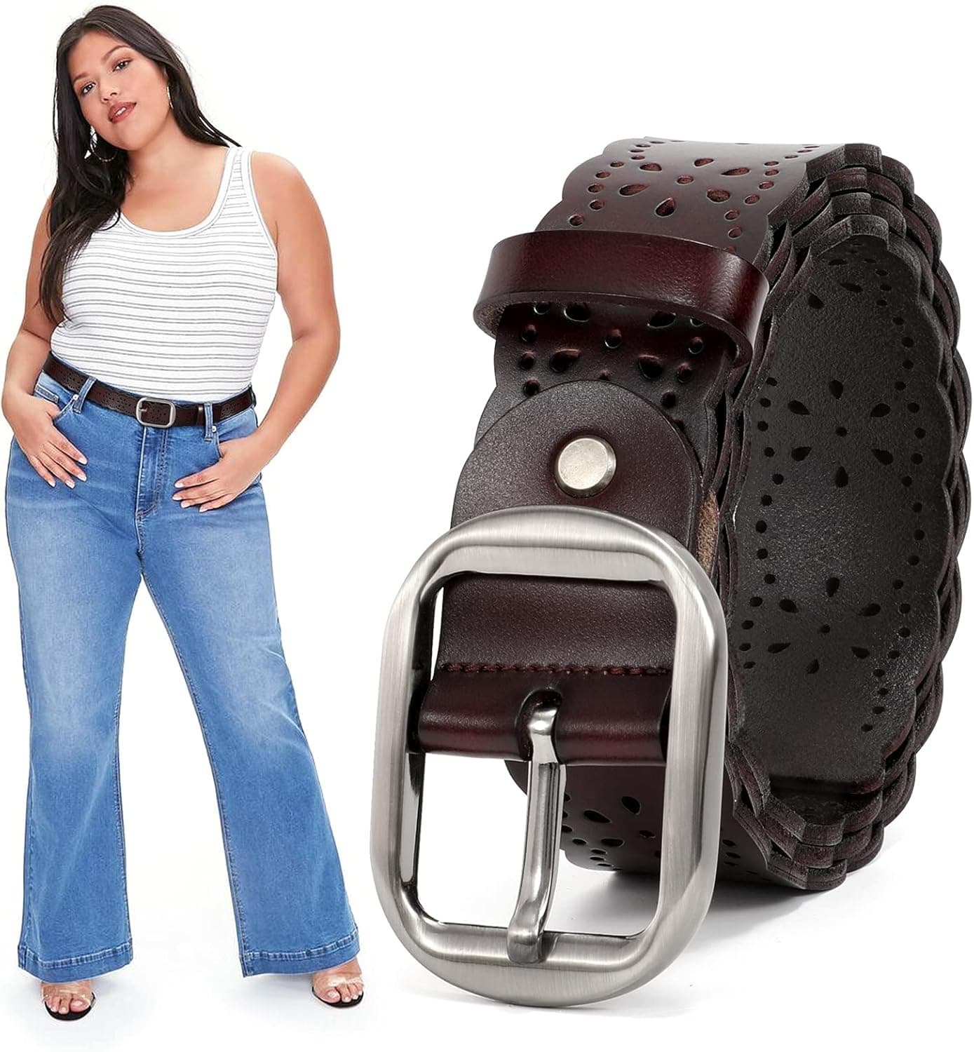 JASGOOD Women's Plus Size Belt, Hollow Flower Leather Belt for Jeans Pants Wide Belt with Metal Buckle