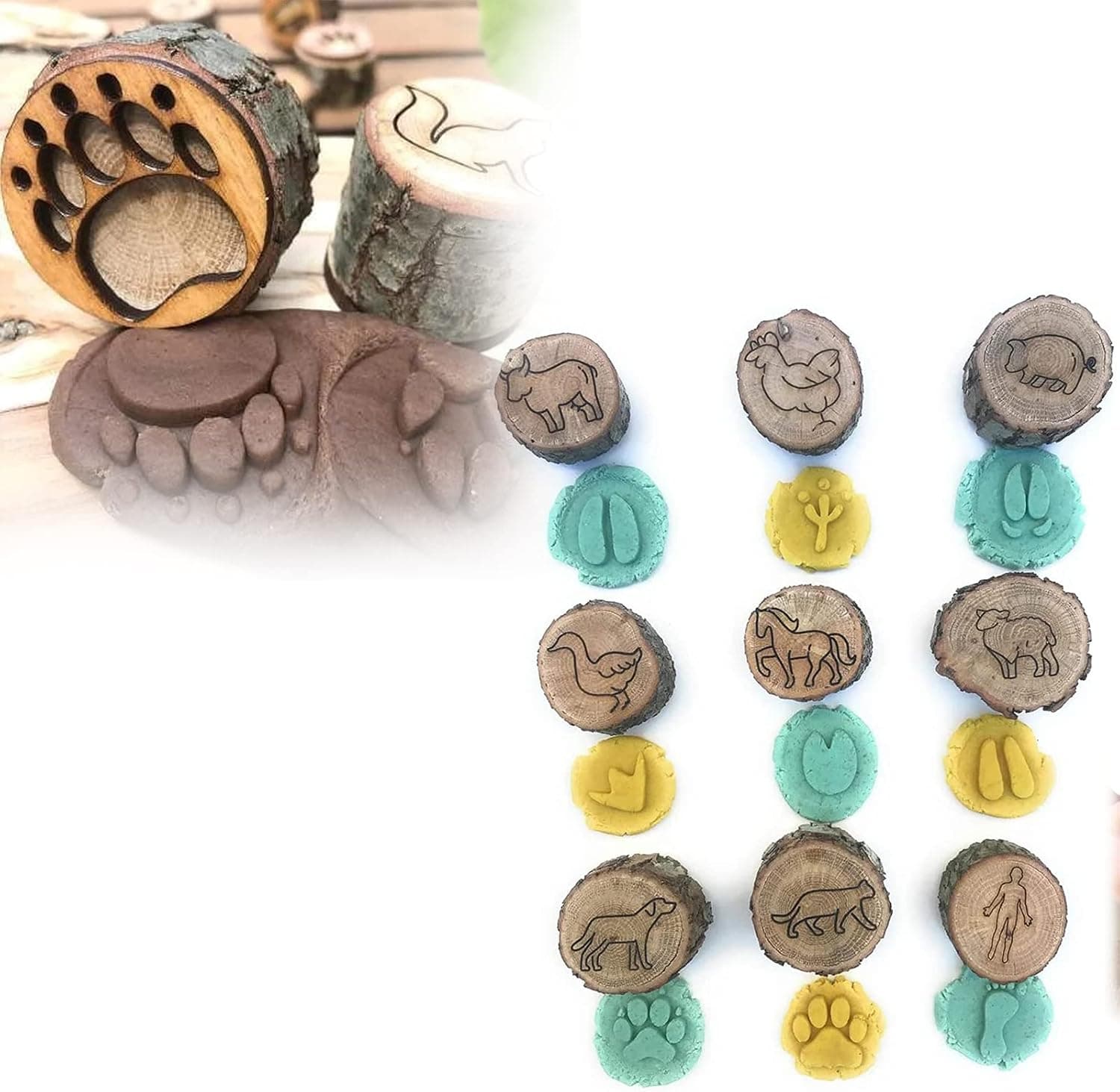 Animal Tracks Stamps, Animal Footprint Stamps Playdough Stampers, Wood Paw Print Stamp Rubber Stamps, 9 Pcs Wooden Animal Tracks Animal Games for Kids-C