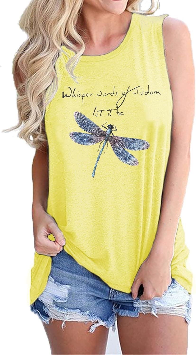 Funny Saying Shirts Whisper Words of Wisdom Let it Be Dragonfly Graphic Tank Top Racerback Sleeveless