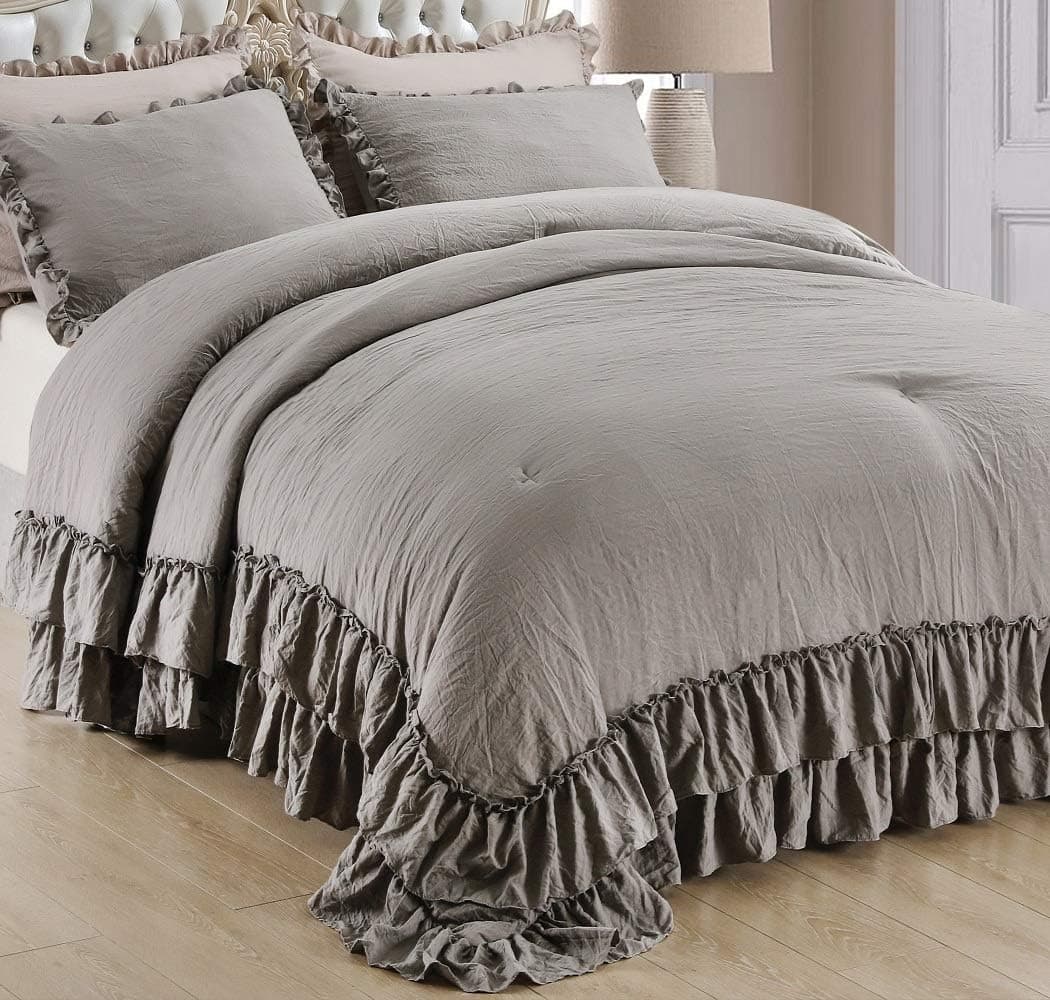 QSH Shabby Gray Ruffled Comforter Set, Lightweight Fluffy Comforter,Microfiber Inner Fill Bedding King Size