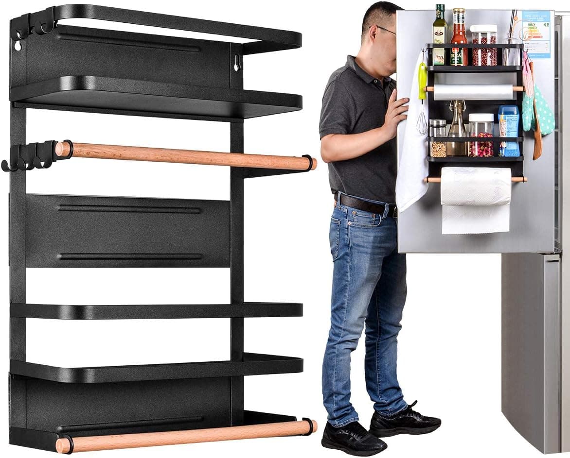 Kitchen Rack - Magnetic Fridge Organizer - 17.7x12.7x5 INCH With 22LBS/10KG Weight Capacity - Paper Towel Holder, Rustproof Spice Jars Rack, Heavy-duty Refrigerator Shelf Storage Including 5 Hooks