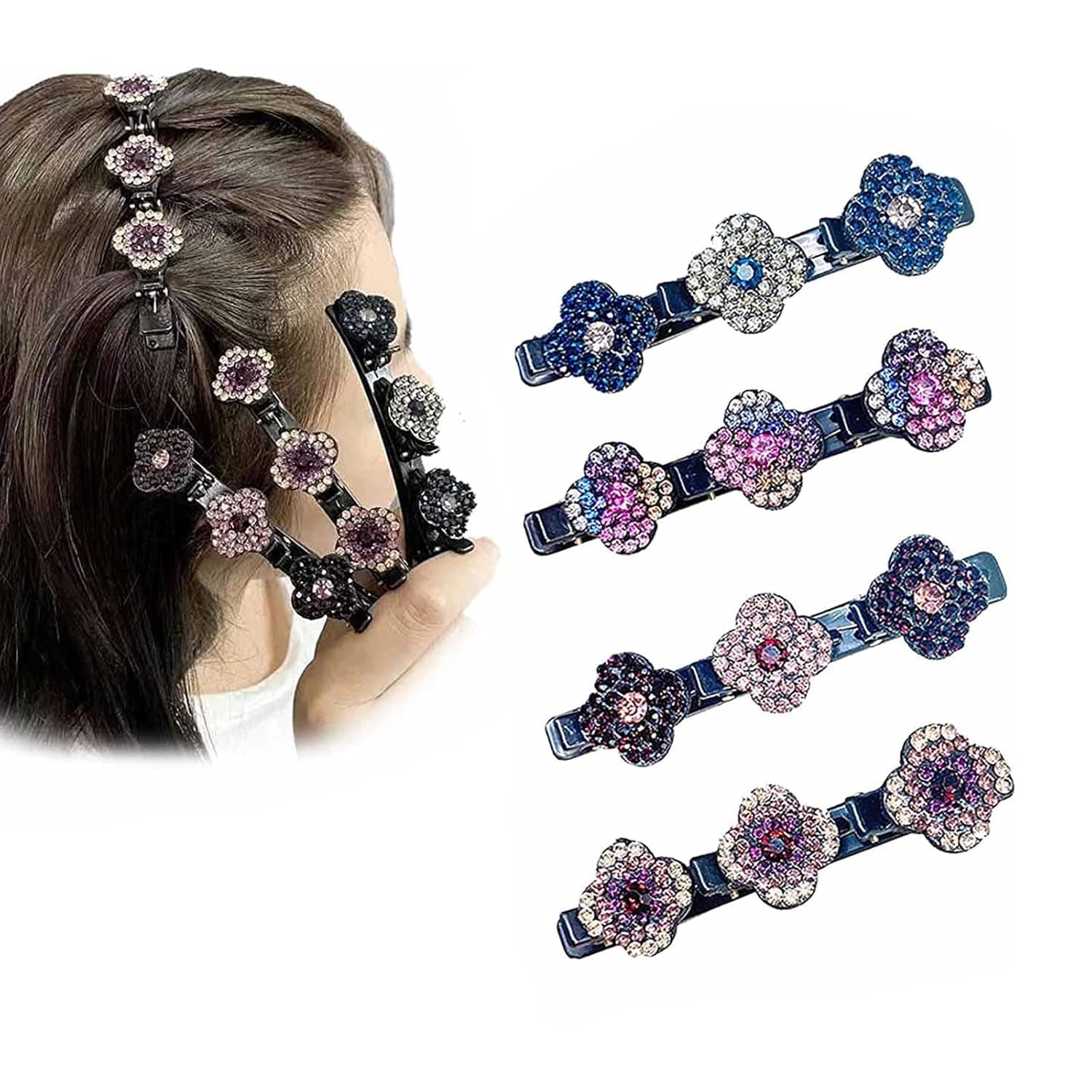 Atuyina Sparkling Crystal Stone Braided Hair Clips Party Favors Satin Fabric Hair Bands, Four-Leaf Clover Chopped Hairpin Duckbill Clip Valentines Day Gifts for Her Girls and Women (4PCS)