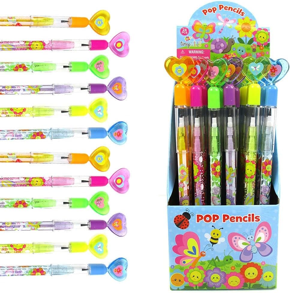 TINYMILLS 24 Pcs Spring Flowers Butterfly Multi Point Stackable Push Pencil Assortment with Eraser for Donut Party Favor Prize Carnival Goodie Bag Stuffers Classroom Rewards