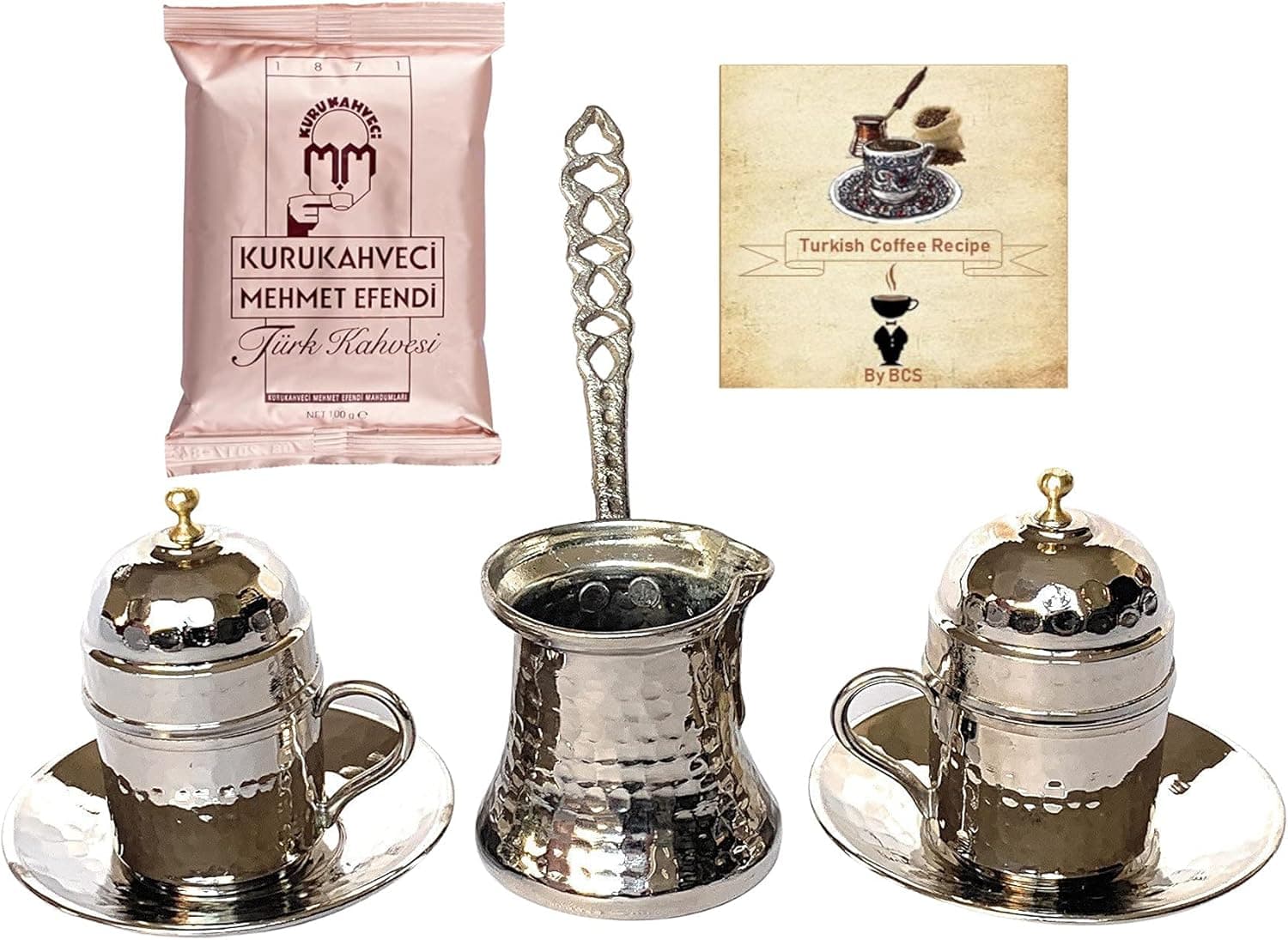 BCS Amazing 9 Pieces Hand Hammered Copper Coffee Set Turkish Greek Arabic Coffee & Espresso Cups and Coffeepot (Silver Color)