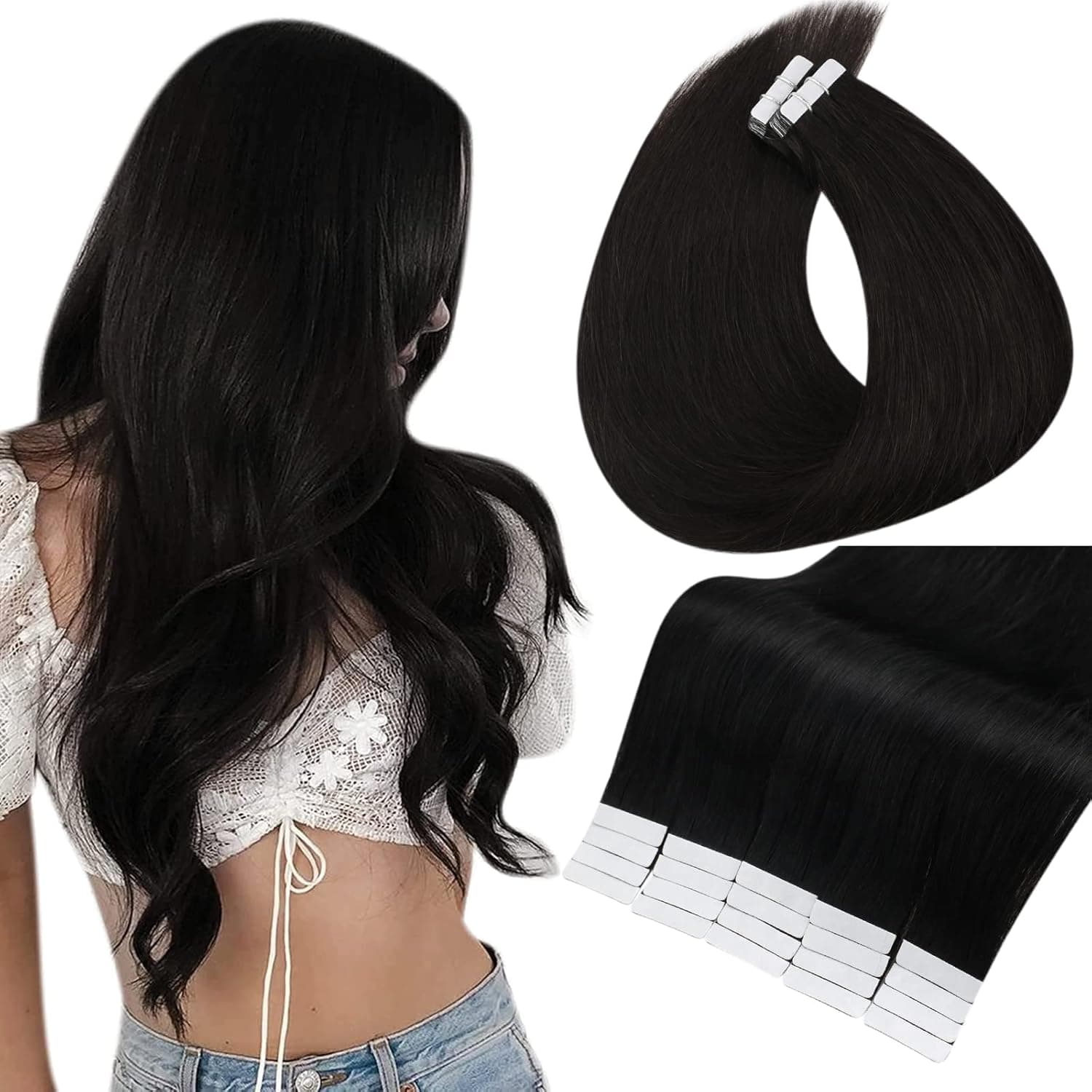 Full Shine Tape in Hair Extensions Human Hair 14 Inch Tape in Hair Extensions Color 1B Off Black Remy Hair Extensions Tape in Human Hair Tape in Black Hair Double Sided Seamless Tape in Hair 50 Gram 20 Pcs