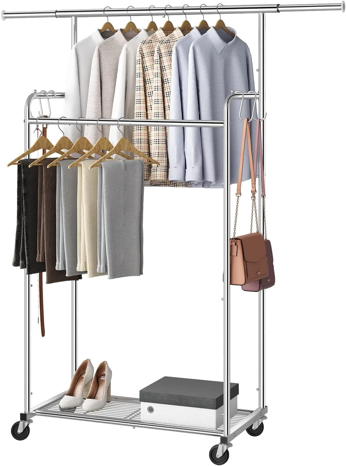 Simple Trending Double Rod Clothing Garment Rack, Rolling Clothes Organizer on Wheels for Hanging Clothes,with 4 Hooks, Chrome