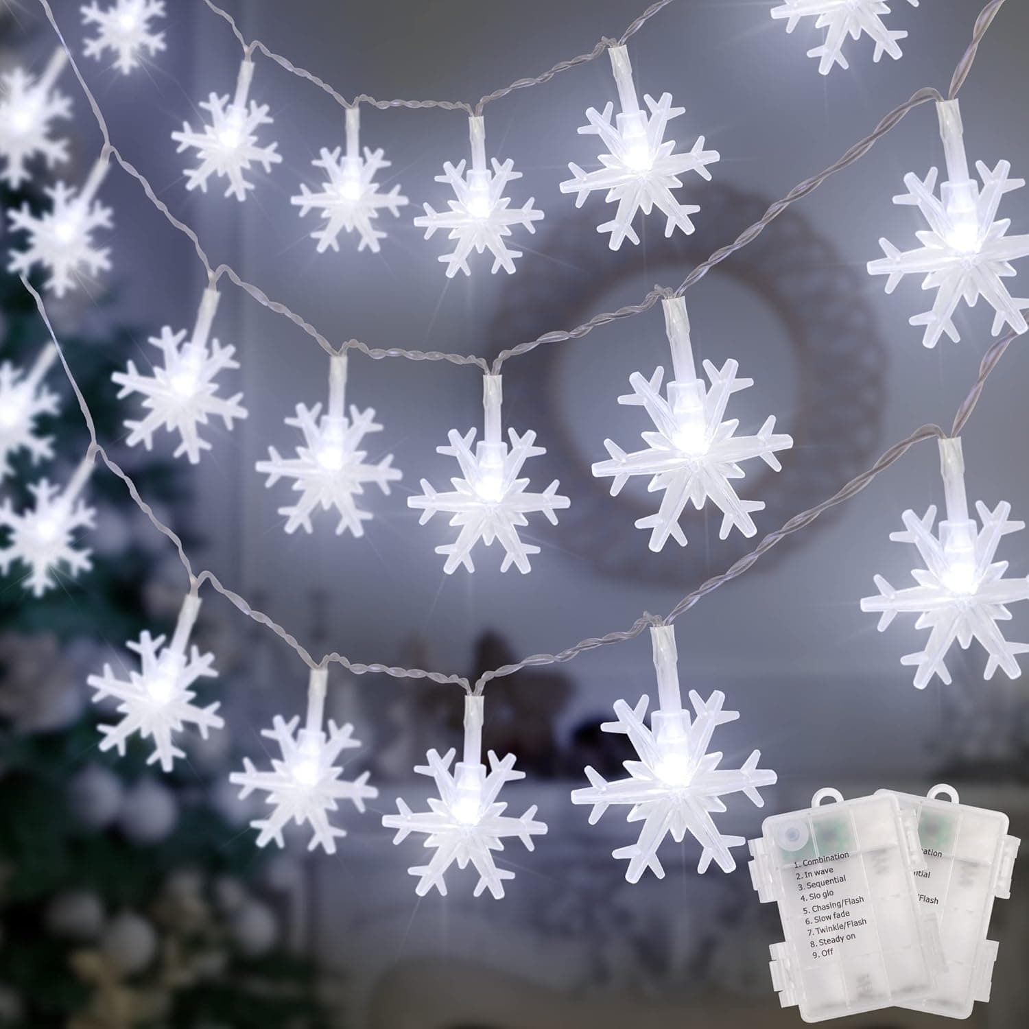 2 Pack Christmas Snowflakes String Lights Outdoor, 50LED 24FT Snowflake Decorative Xmas Lights Battery Operated, 8 Lighting Modes & Timer, Waterproof for Garden Home Party Decoration, Cool White