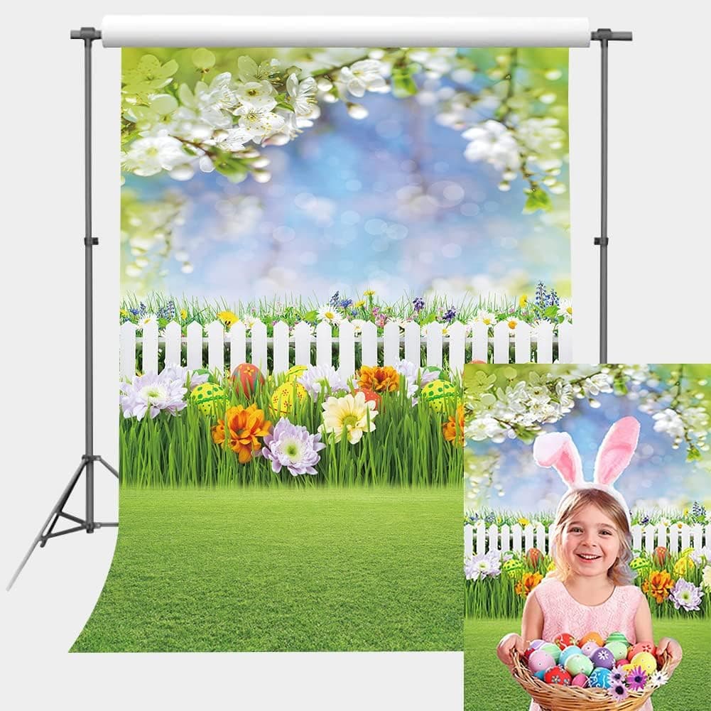 Easter Backdrop Spring Flowers Green Grass Eggs Easter Fence Bokeh Sky Photography Background Baby Kid Children Portrait Party Decoration Photo Booth Studio Props