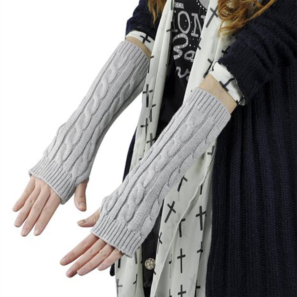 JOVANA Pair Lady Braided Knitted Crochet Long Soft Arm Fingerless Winter Warmer Gloves (Light Grey)
