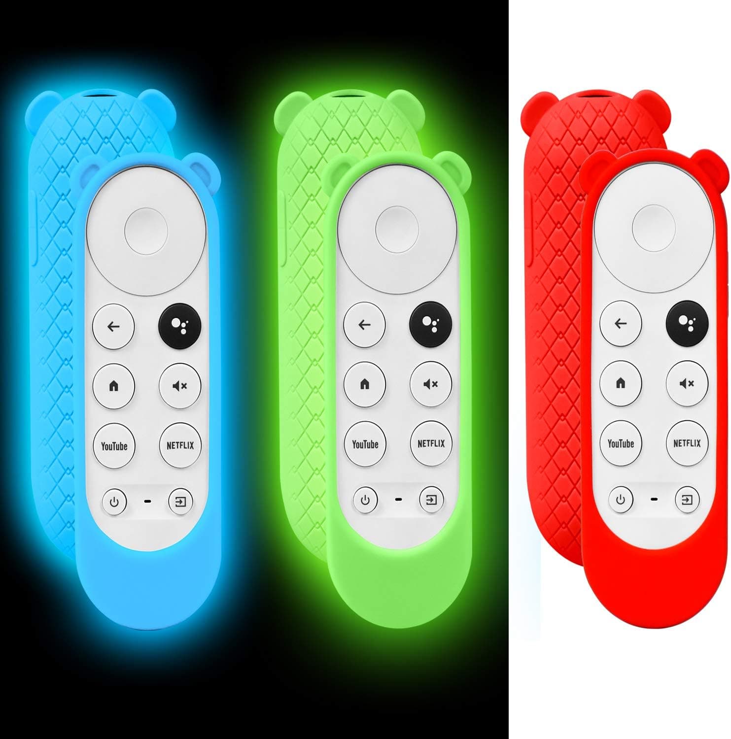 3 Pack Glowing Remote Case for Chromecast with Google TV 2020 Voice Remote, Cute Ear Shape Silicone Protective Cover Shock Absorption Bumper Google Remote Back Covers (Glow Green, Glow Blue and Red)