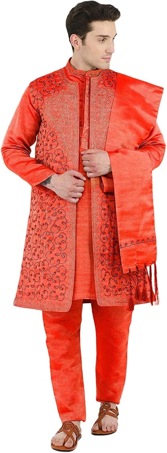 SKAVIJ Kurta Pajama for Men with Jacket and Stole Festival Wedding Suit Dress Set