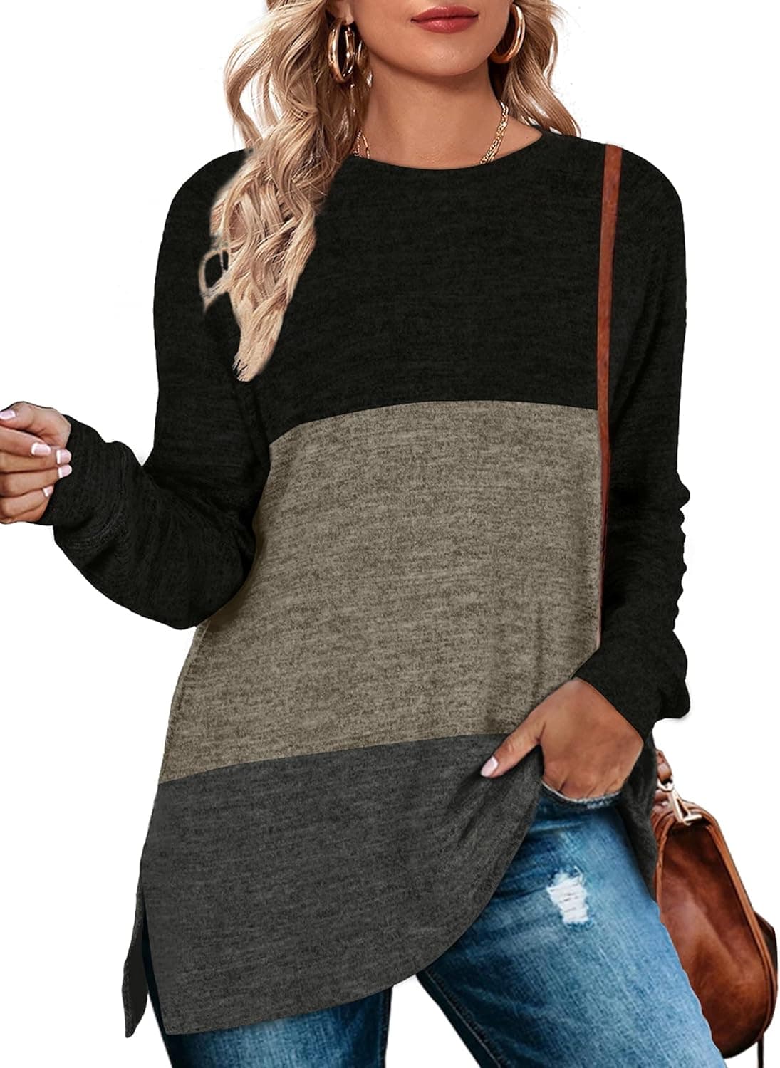 XIEERDUO Womens Long Sleeve Color Block Tunic Tops Casual Crewneck Sweatshirts