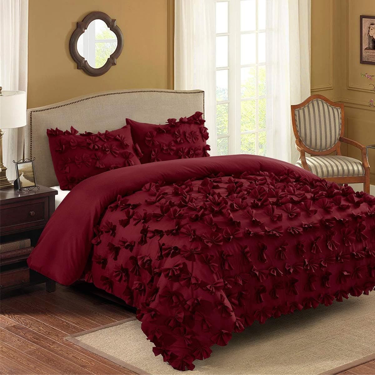 HIG 3 Piece Comforter Set King-Burgundy Microfiber One Hundred Butterfly Flower Applique -Enfield Bedding Collection King Size-Soft, Fade Resistant-1 Comforter,2 Standard Shams
