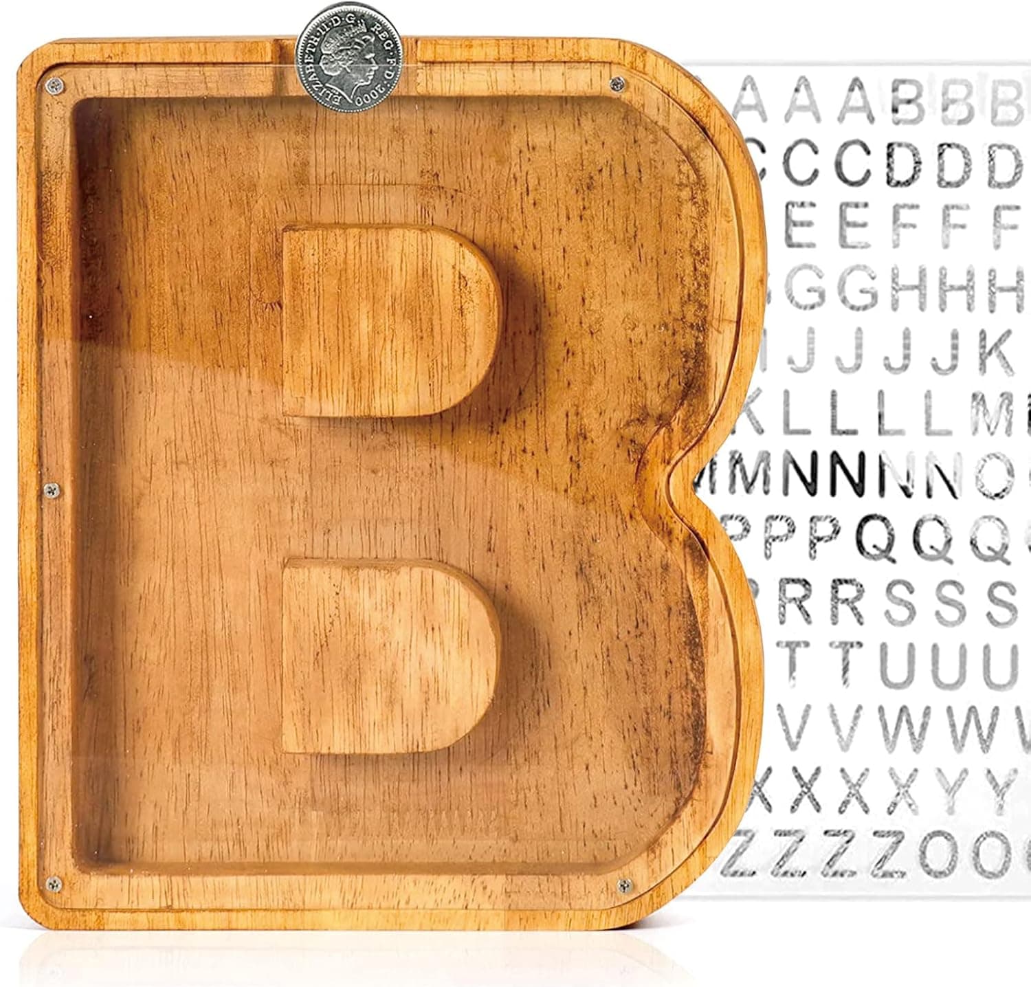 HONDSZRIT Piggy Bank for Boys Girls Kids Large 26 Alphabet Wooden Personalized Money Box Transparent Letter Savings Coin Bank with DIY Sticker Perfect Christmas, New Year Gift for Children's Adults