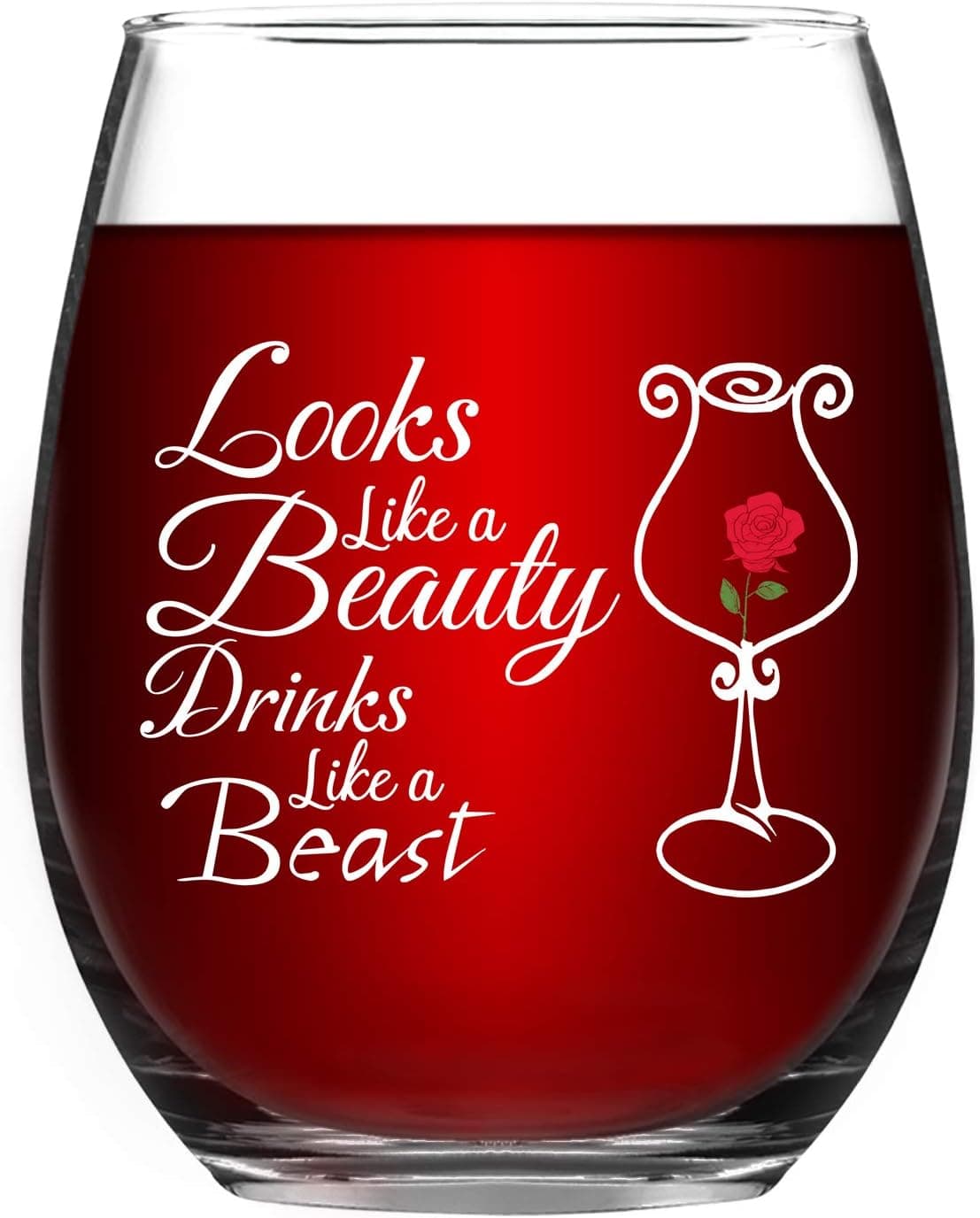 Looks Like a Beauty Drinks Like a Beast Stemless Wine Glass, Funny Wine Glass for Birthday Graduation Galentine's Day Christmas, Wine Glass for Women Girls Sister Her 15 Oz