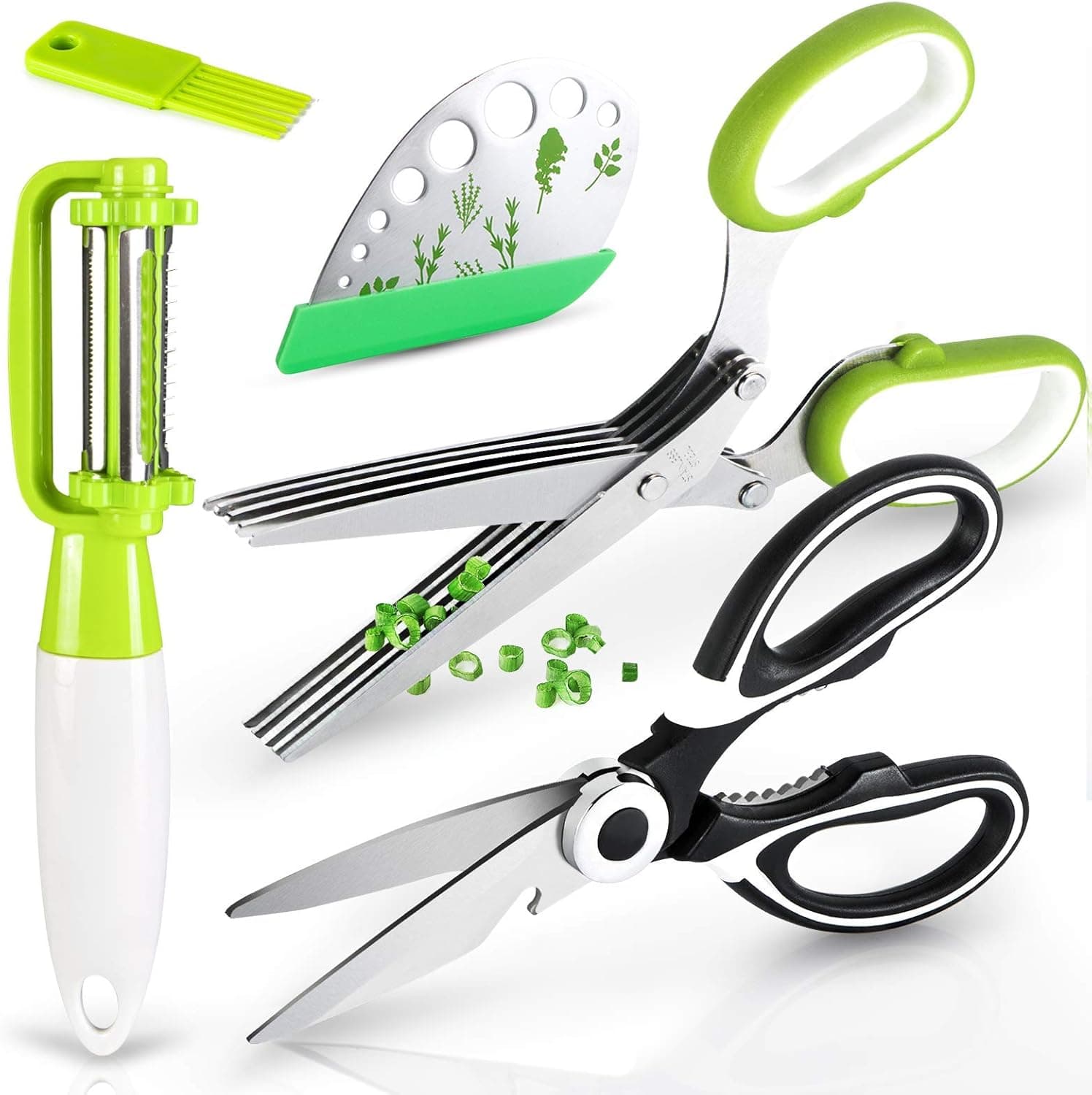 Ponwec Herb Scissors Set & Kitchen Shears - 4Pcs Kitchen Tools Set Includes 1xLeaf Herb Stripper,1xKitchen Shears,1xHerb Scissors,1xVegetables Peelers for Mince Chicken,Fish,Meat,Rosemary Herb(4 PCS)