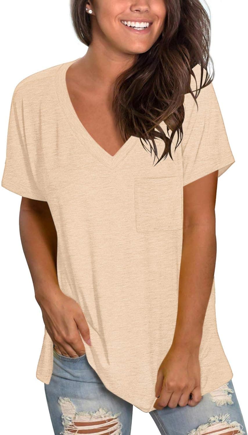 MOLERANI Women's Short Sleeve V-Neck Shirts Loose Casual Tee Summer Tops with Pocket