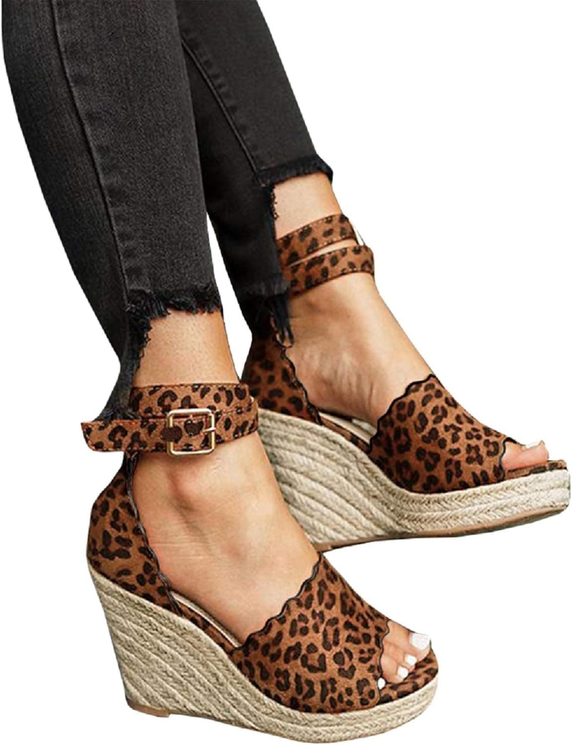 FISACE Womens Espadrille High Platform Wedge Sandals Open Peep Toe Ankle Strap Buckle Shoes