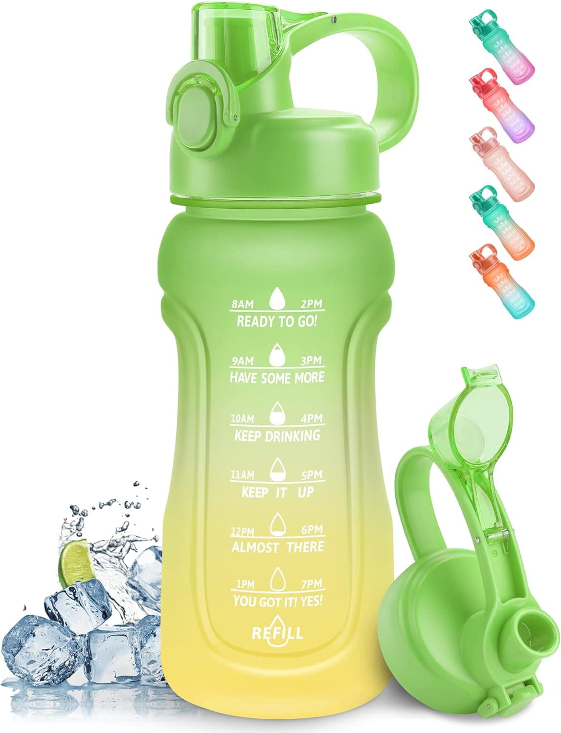 32oz Motivational Water Bottle with Time Marker, Fast Flow Leak Proof Wide Mouth Water Jug with Flip Top for Kids, Olive Green/Yellow