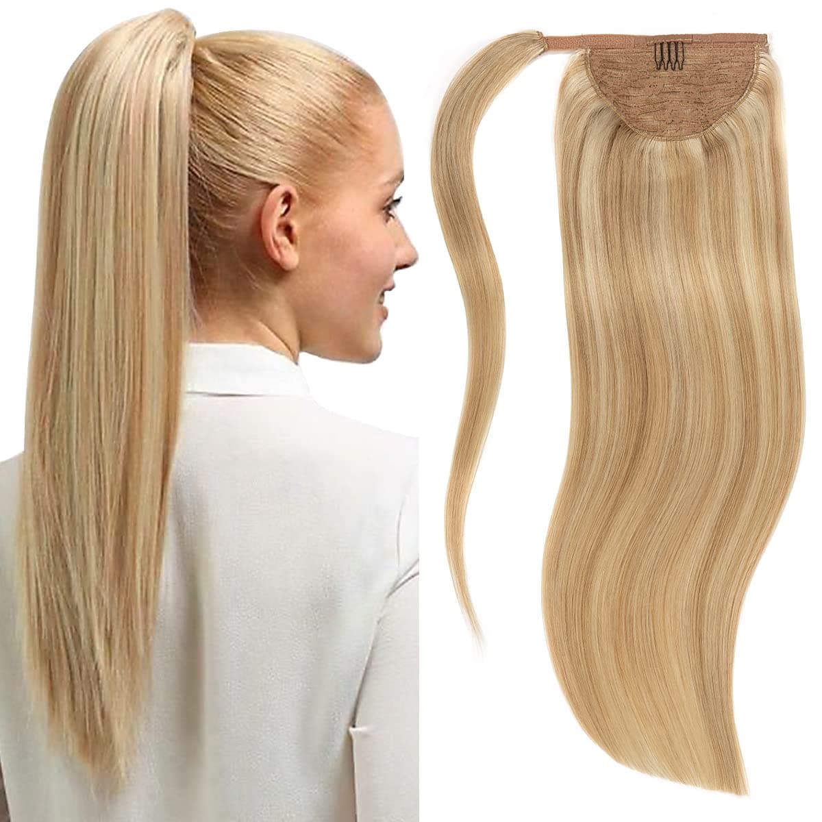 Lacer Wrap Around Ponytail Hair Extensions Human Hair Ash Blonde Highlighted Platinum Blonde Ponytail Extension Human Hair Invisible Pony Tails with Magic Paste 14 Inch 70g