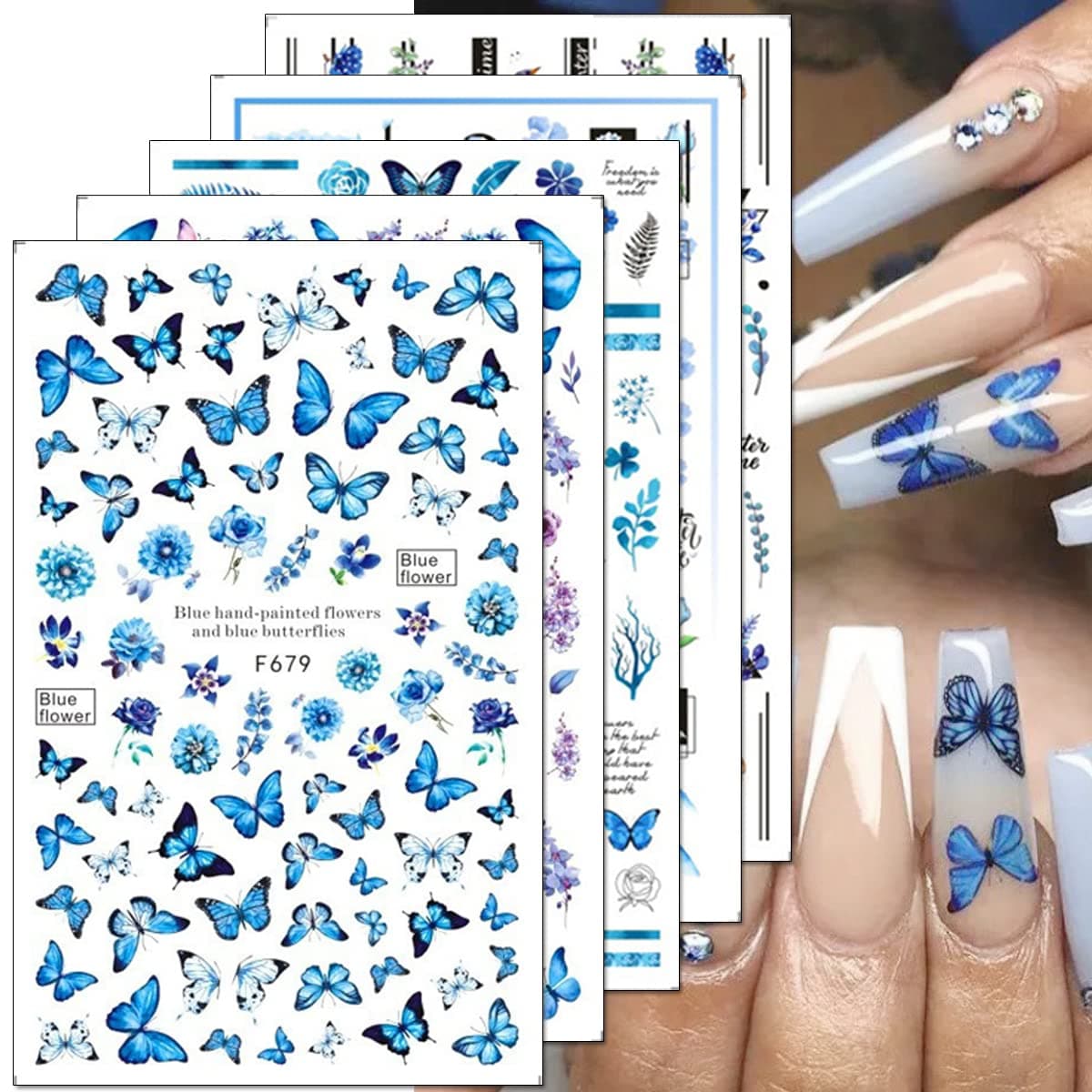 Butterfly Nail Art Stickers Decals Blue Butterflies Flowers 3D Nail Sticker Summer Floral Leaves Adhesive Transfer Decal Slider Nail Decorations for Acrylic Nails DIY Nail Art Supplies 10 Sheets