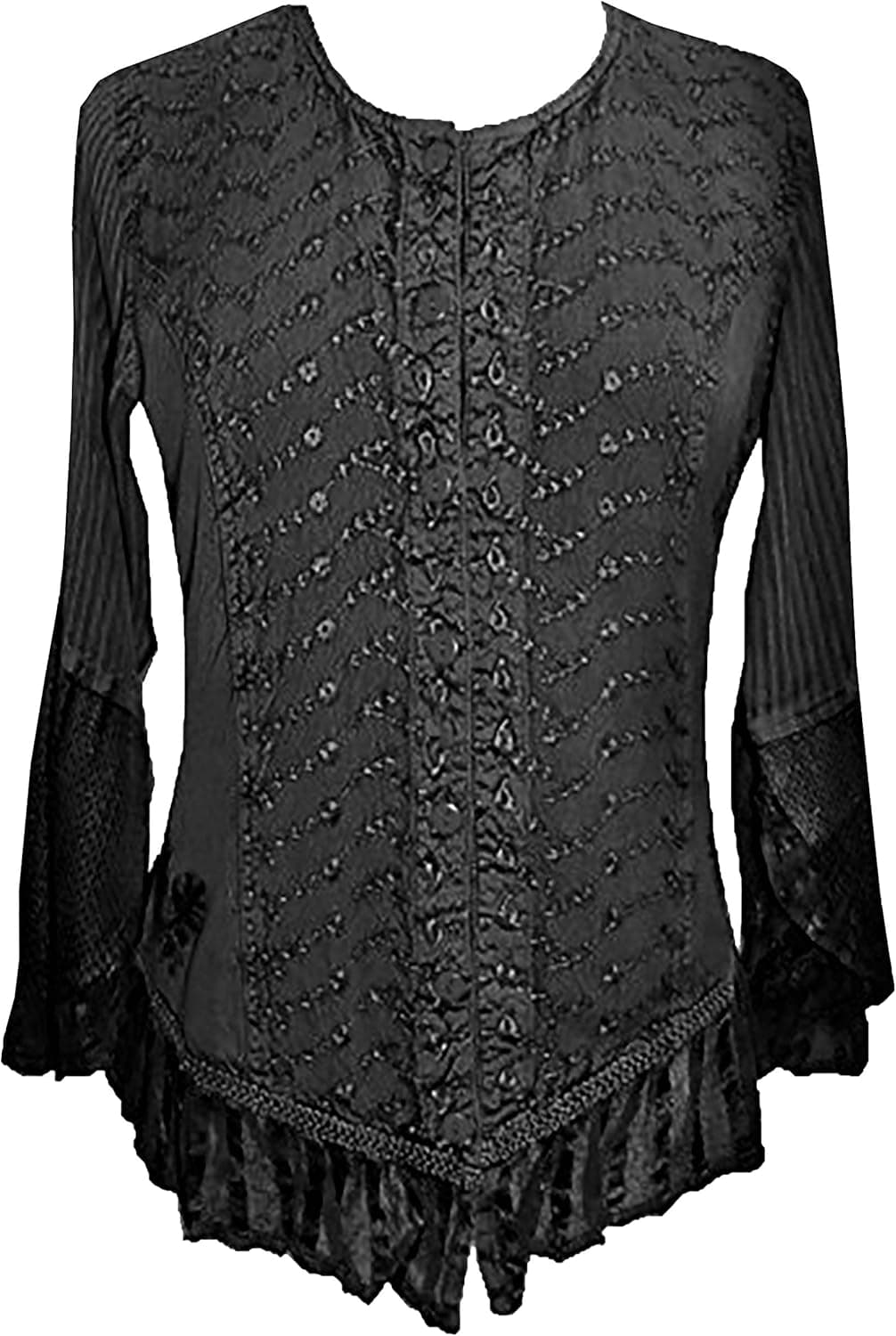 Agan Traders Women's Medieval Long Sleeve Embroidered Ruffle Netted Button Down Top Blouse