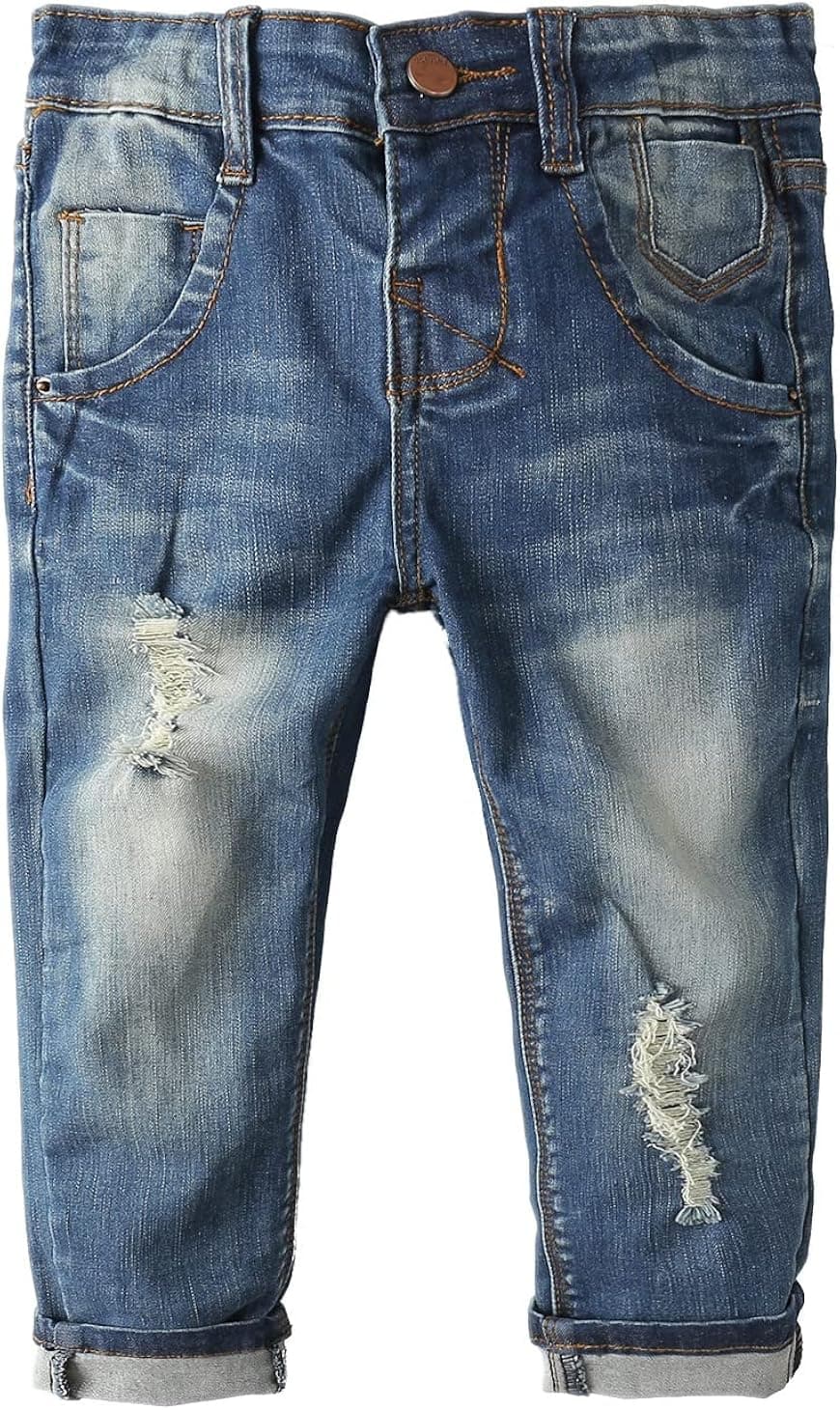KIDSCOOL SPACE Baby Girl Boy Slim Jeans,D Ring Elastic Band Inside Ripped Denim Pants