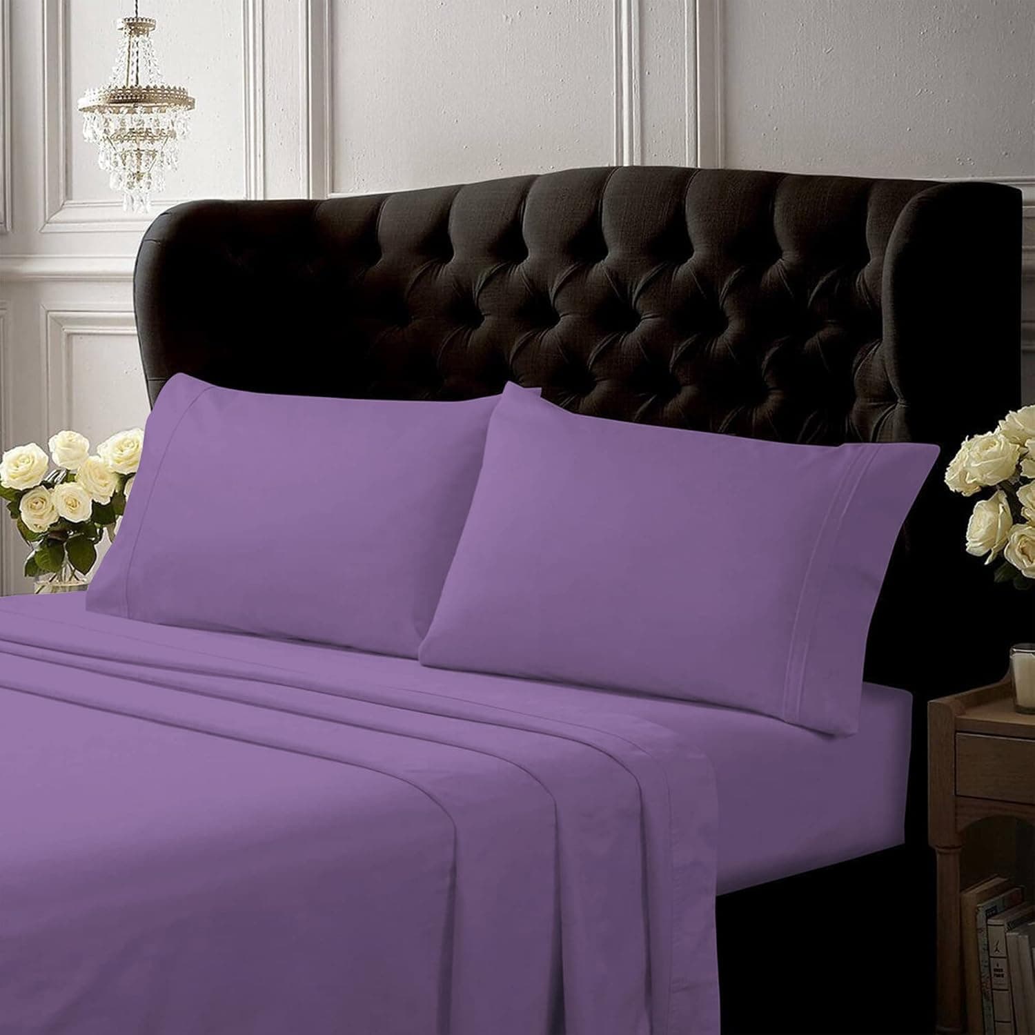 Tribeca Living, Crisp and Smooth Egyptian Cotton Percale Solid Sheets and Pillowcase Set, Extra Deep Pocket, 350 Thread Count, 4-Piece Luxury Bedding, Queen, Lavender