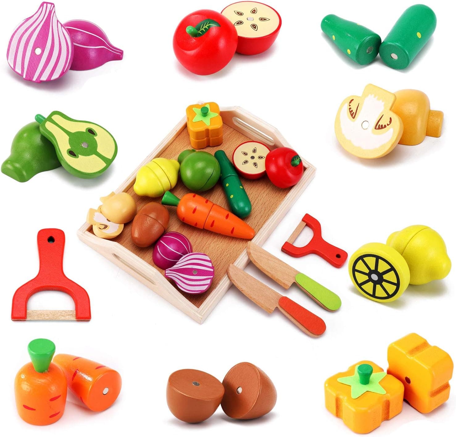 CARLORBO Wooden Toys Food for Kids Kitchen - Play Food Cutting Fruits and Vegetables Set for Pretend Role Play
